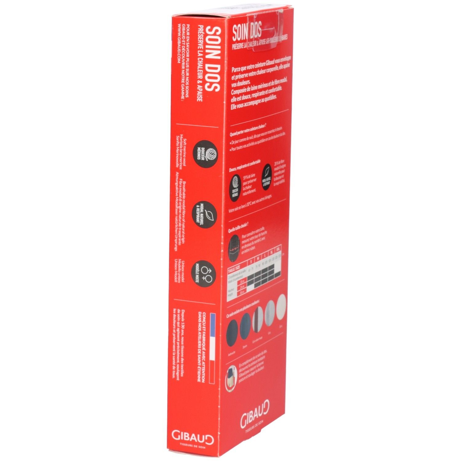 Seitenansicht der Produktverpackung. Text und Piktogramme. GIBAUD-Logo.