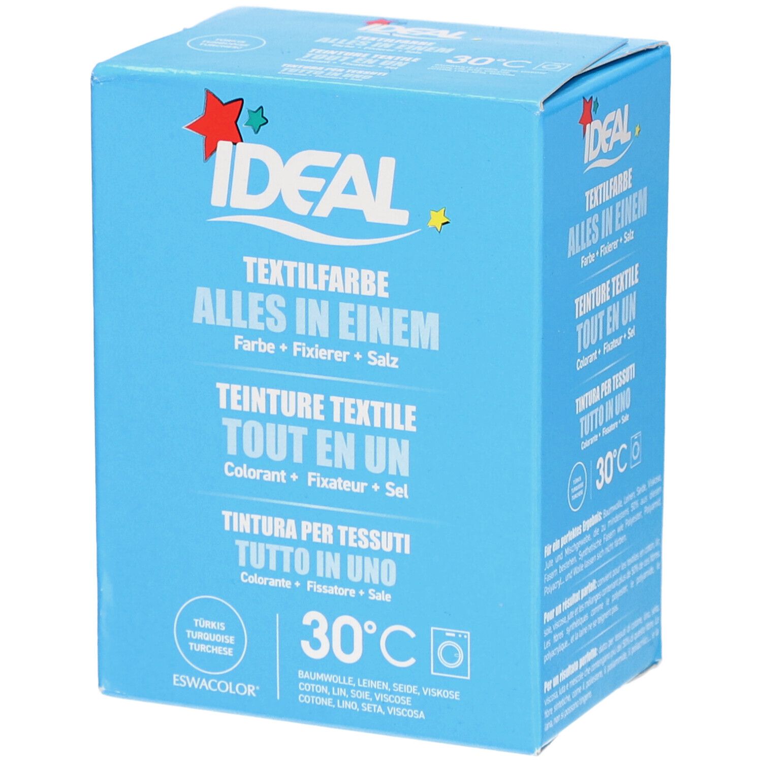 Hellblaue Schachtel mit IDEAL Textilfarbe. Aufschrift: Alles in Einem, Farbe, Fixierer, Salz. Waschsymbol 30°C. Türkis.