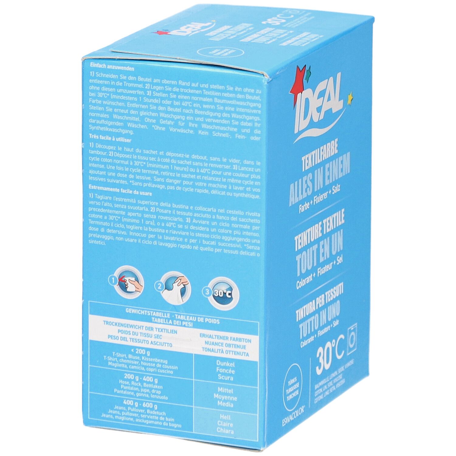 Hellblaue Schachtel mit IDEAL Textilfarbe. Text und Waschsymbole. Tabelle mit Dosierungsempfehlungen. Waschsymbol 30°C.