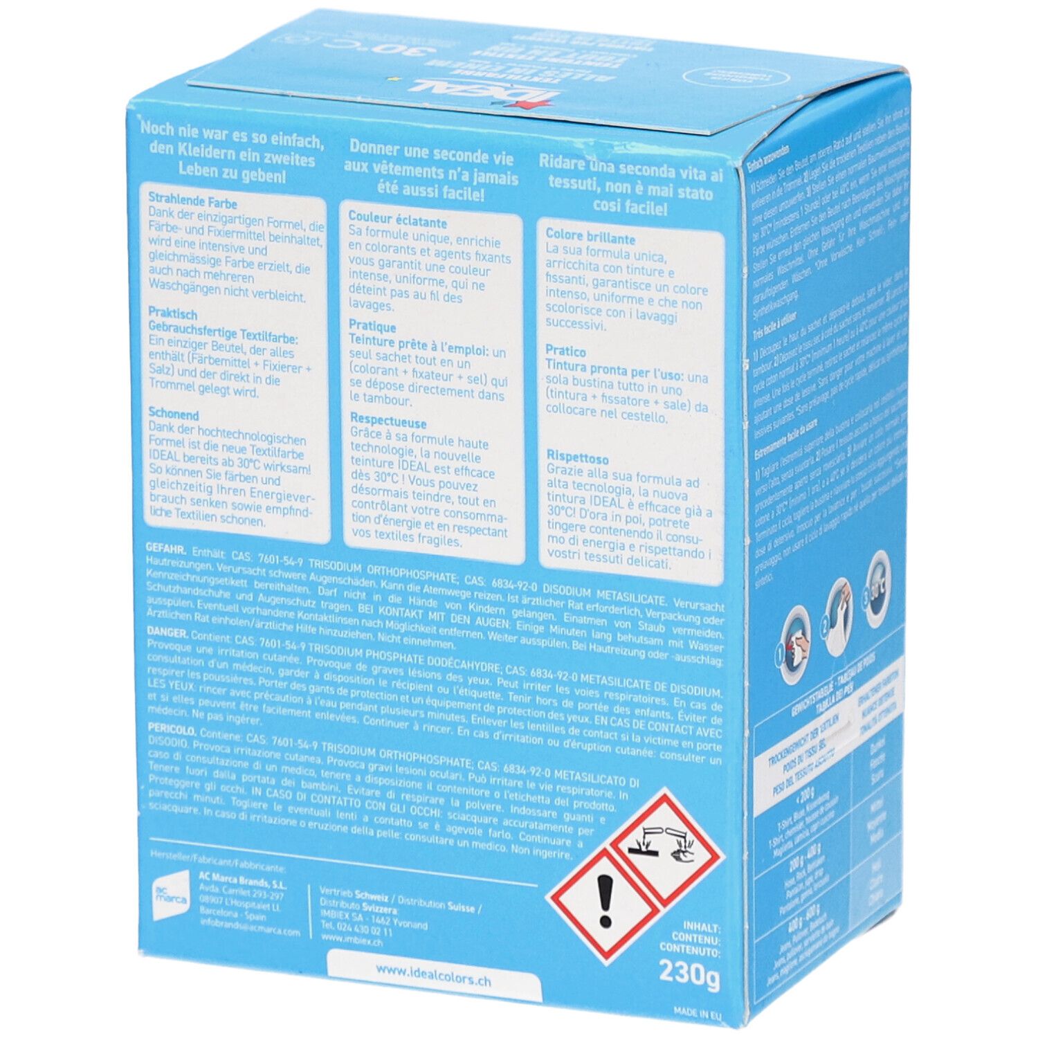 Hellblaue Schachtel IDEAL Textilfarbe. Rückseite mit Text in Deutsch, Französisch und Italienisch. Warnhinweis und Gewicht 230g.