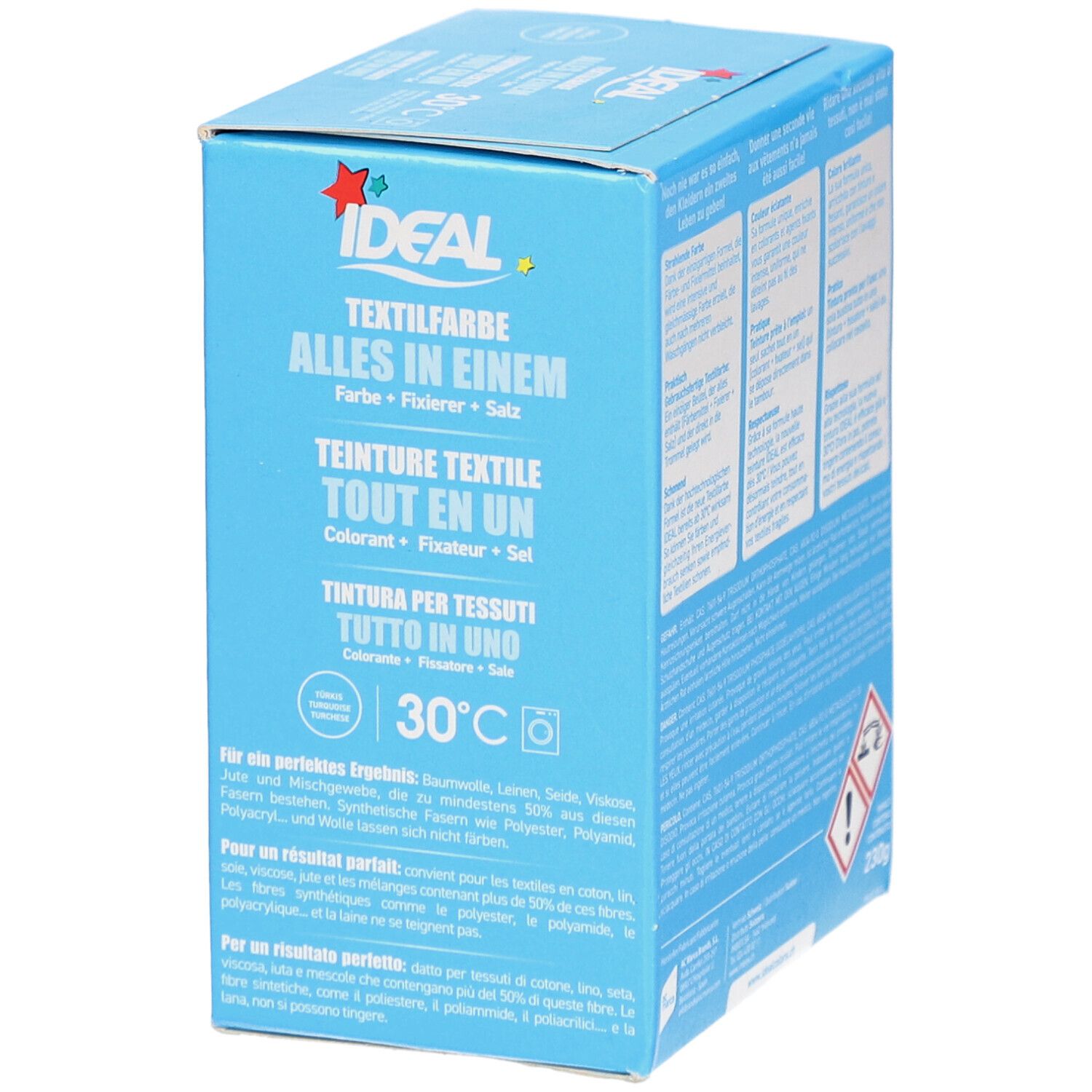Hellblaue Schachtel IDEAL Textilfarbe. Text in Deutsch, Französisch, Italienisch. Geeignet für Baumwolle, Leinen, Viskose. Waschsymbol 30°C.
