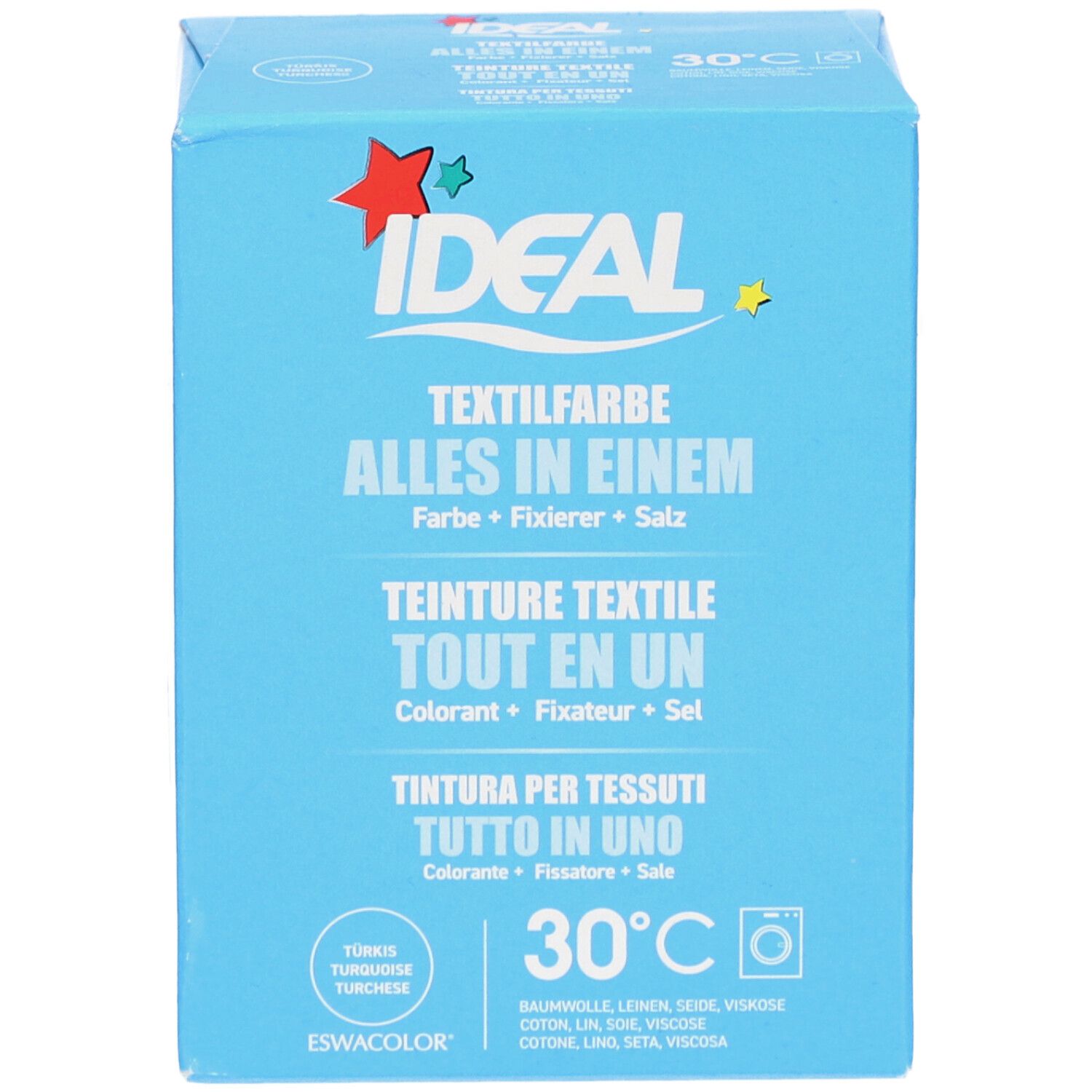 Hellblaue Schachtel IDEAL Textilfarbe. Aufschrift: Alles in Einem, Farbe, Fixierer, Salz. Türkis. Waschsymbol 30°C. Für Baumwolle, Leinen, Viskose.