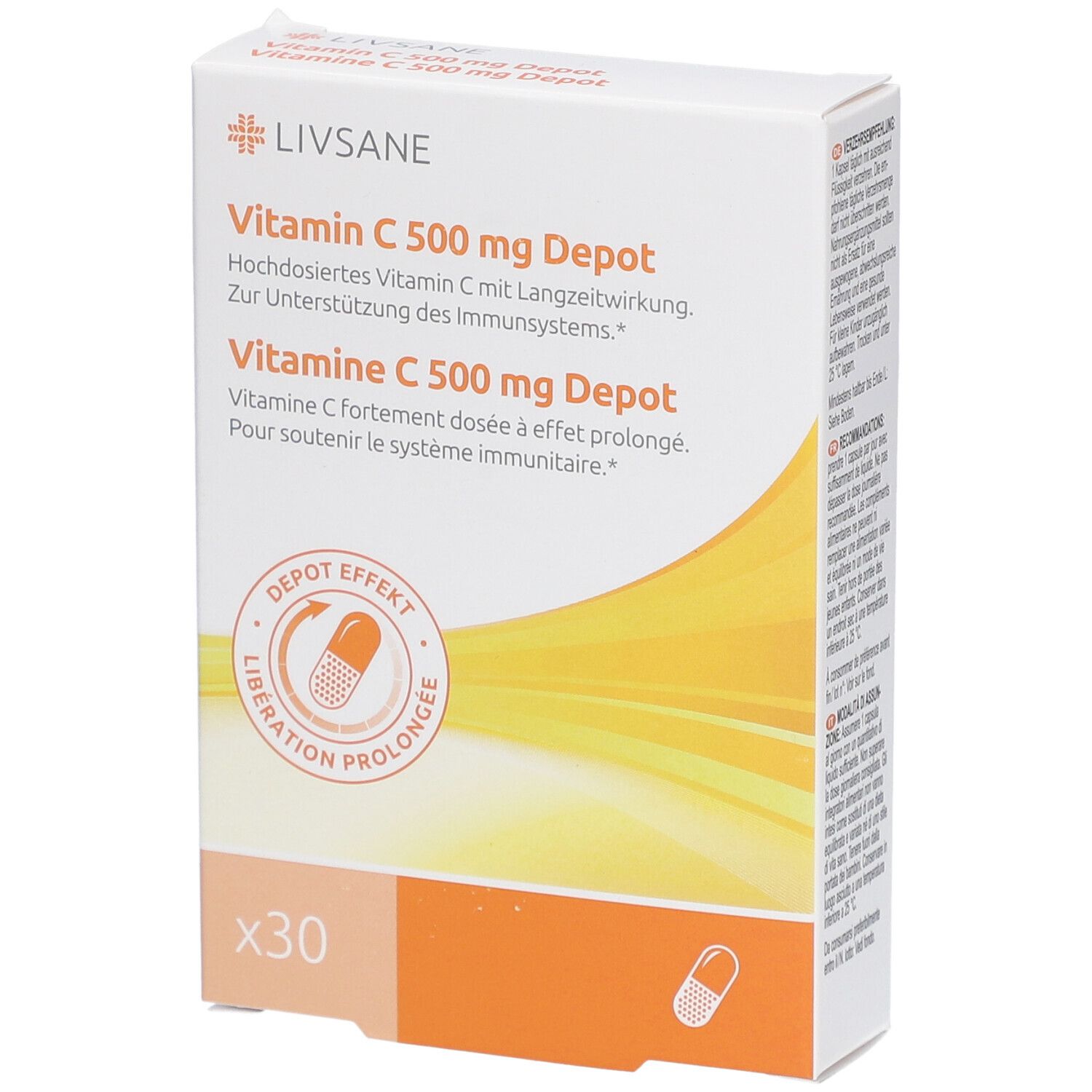 Weißer Karton mit LIVSANE-Logo und Produktbezeichnung Vitamin C 500 mg Depot. Enthält 30 Kapseln. Orangefarbener Akzent.