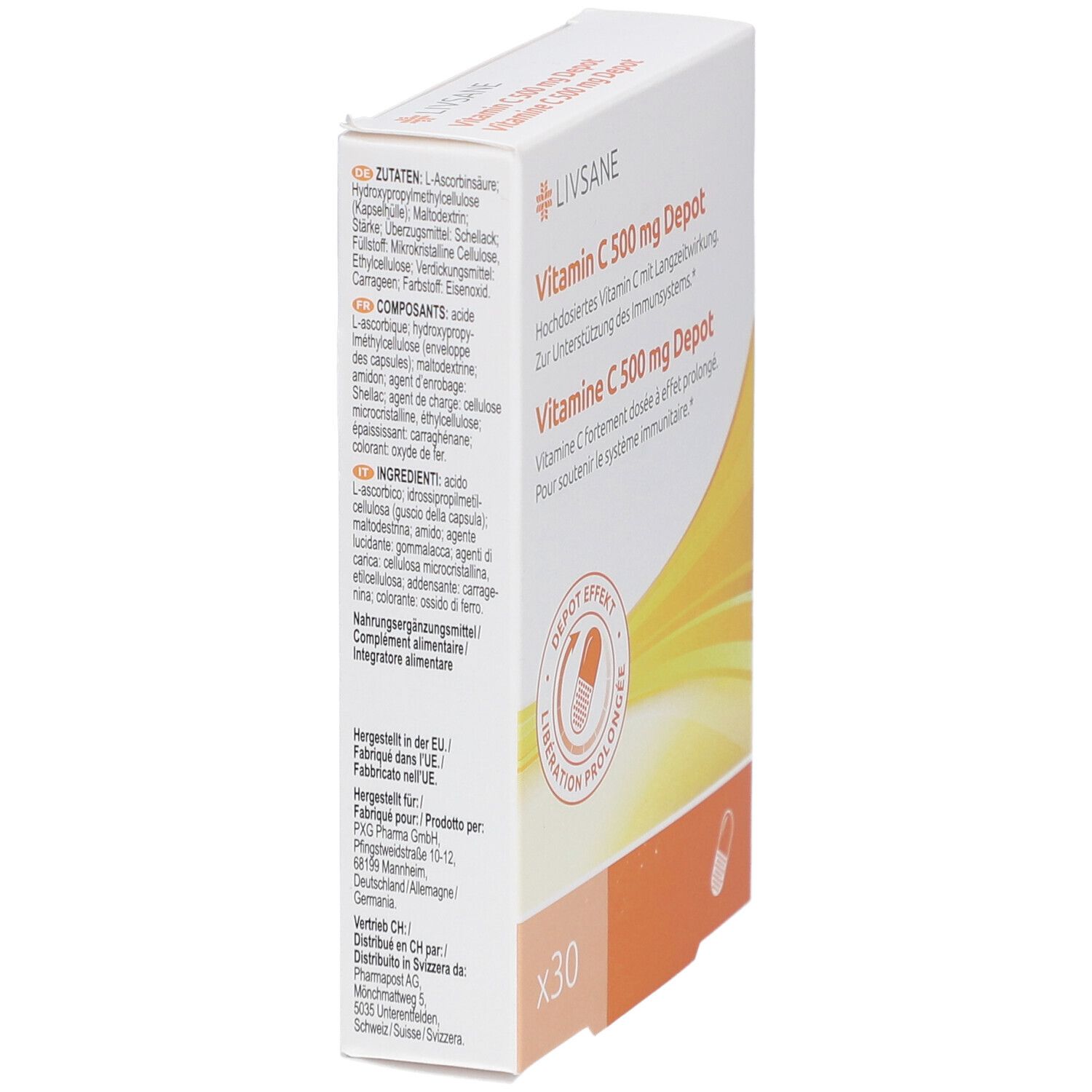 Seitenansicht des weißen Kartons mit LIVSANE-Logo und Produktinformationen. Enthält Inhaltsstoffe und Herstellerangaben. Orangefarbener Akzent.