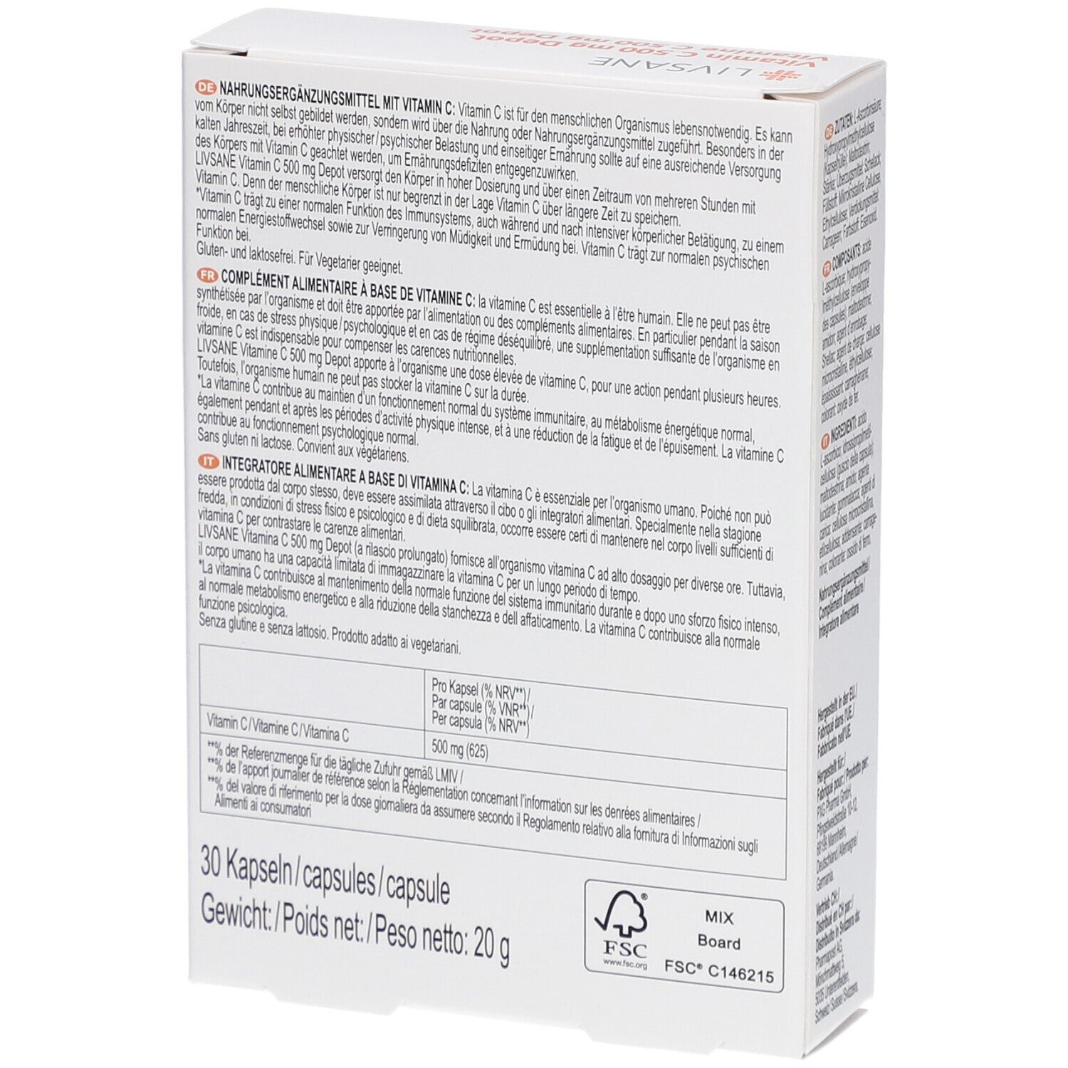 Rückseite des weißen Kartons mit LIVSANE-Logo und Produktinformationen. Enthält Nährwertangaben und FSC-Zertifizierung.