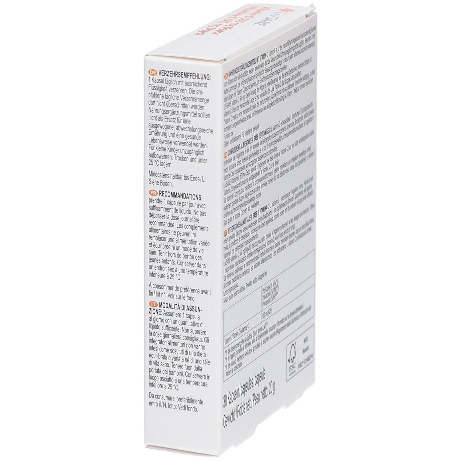 Seite des weißen Kartons mit LIVSANE-Logo und Dosierungsempfehlung. Enthält Informationen zur Anwendung und Lagerung.