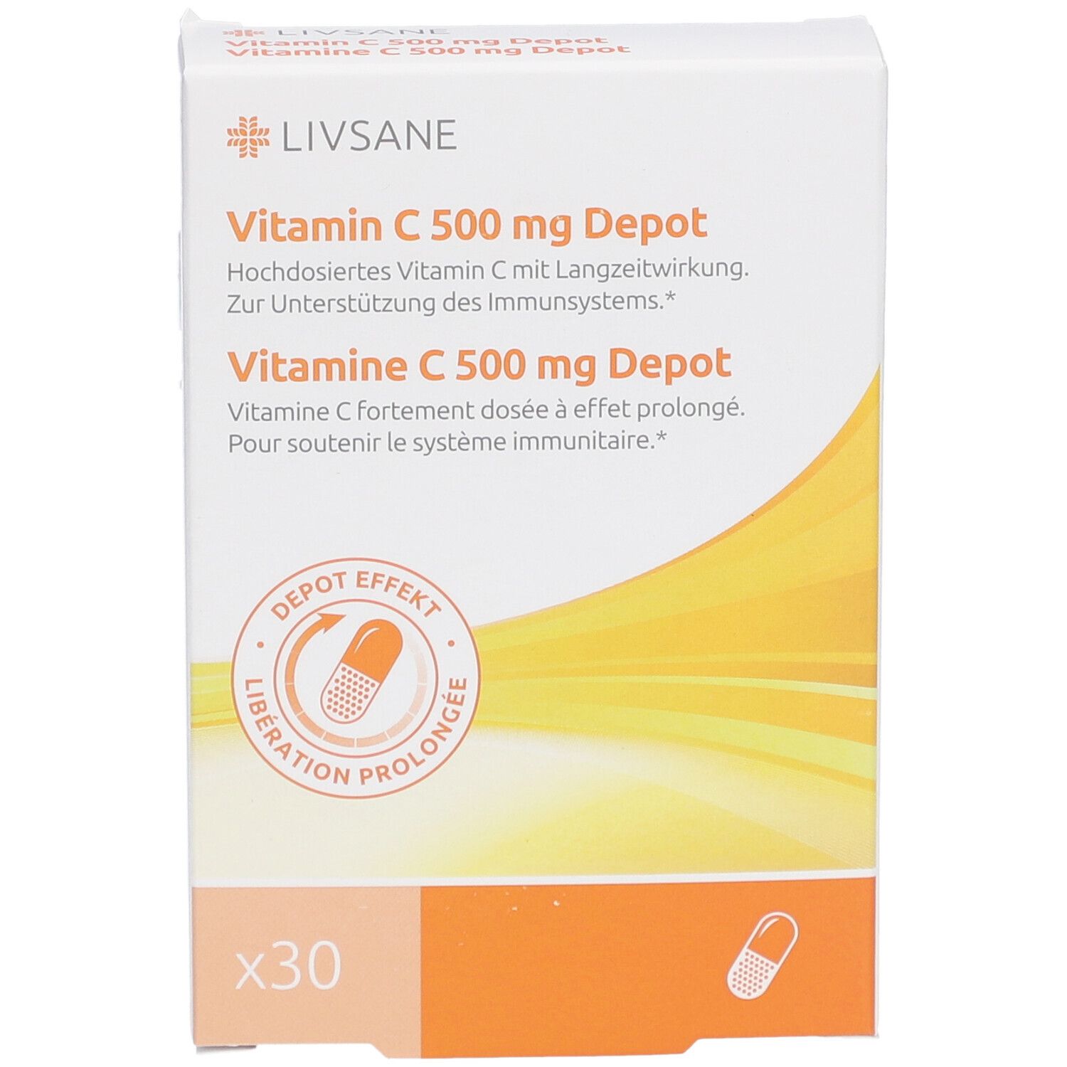 Weißer Karton mit LIVSANE-Logo und Produktbezeichnung Vitamin C 500 mg Depot. Enthält 30 Kapseln. Orangefarbener Hintergrund.