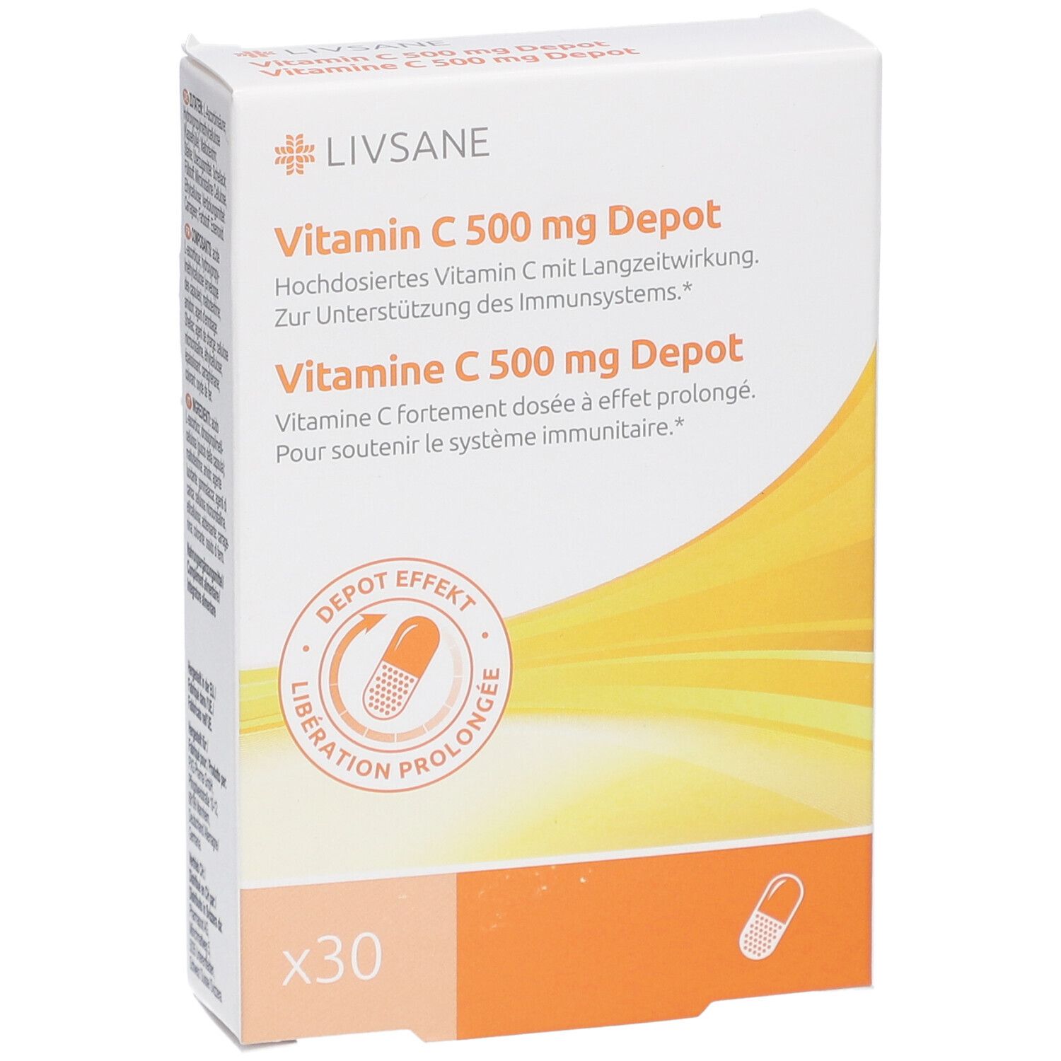 Weißer Karton mit LIVSANE-Logo und Produktbezeichnung Vitamin C 500 mg Depot. Enthält 30 Kapseln. Orangefarbener Hintergrund.