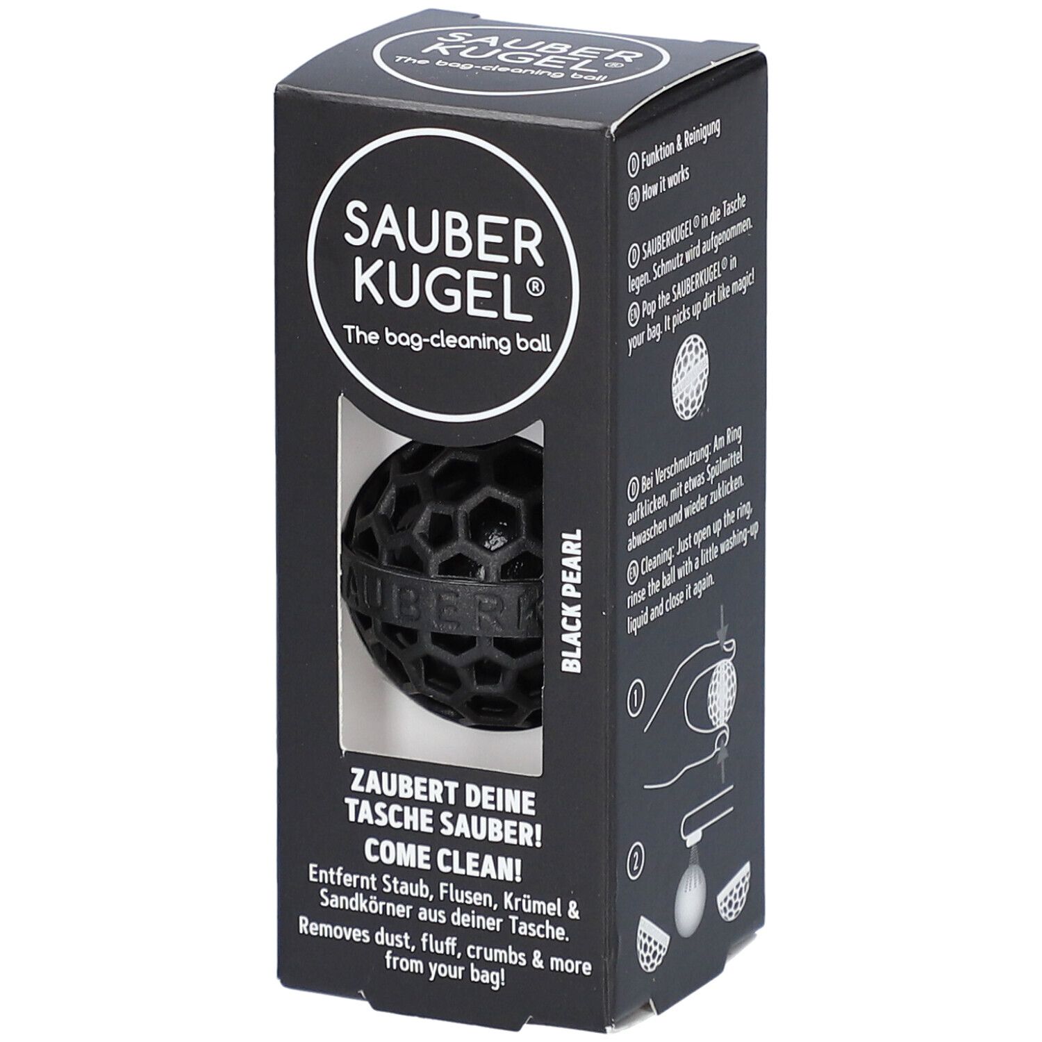 Schwarze SAUBERKUGEL in schwarzer Verpackung. Produktname und Logo sichtbar. Text: "ZAUBERT DEINE TASCHE SAUBER!"