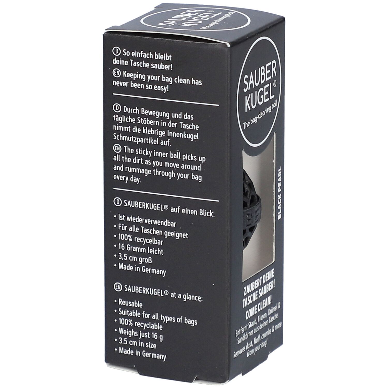 Schwarze Verpackung mit Text. SAUBERKUGEL-Logo. Text: "So einfach bleibt deine Tasche sauber!" und Produktmerkmale.