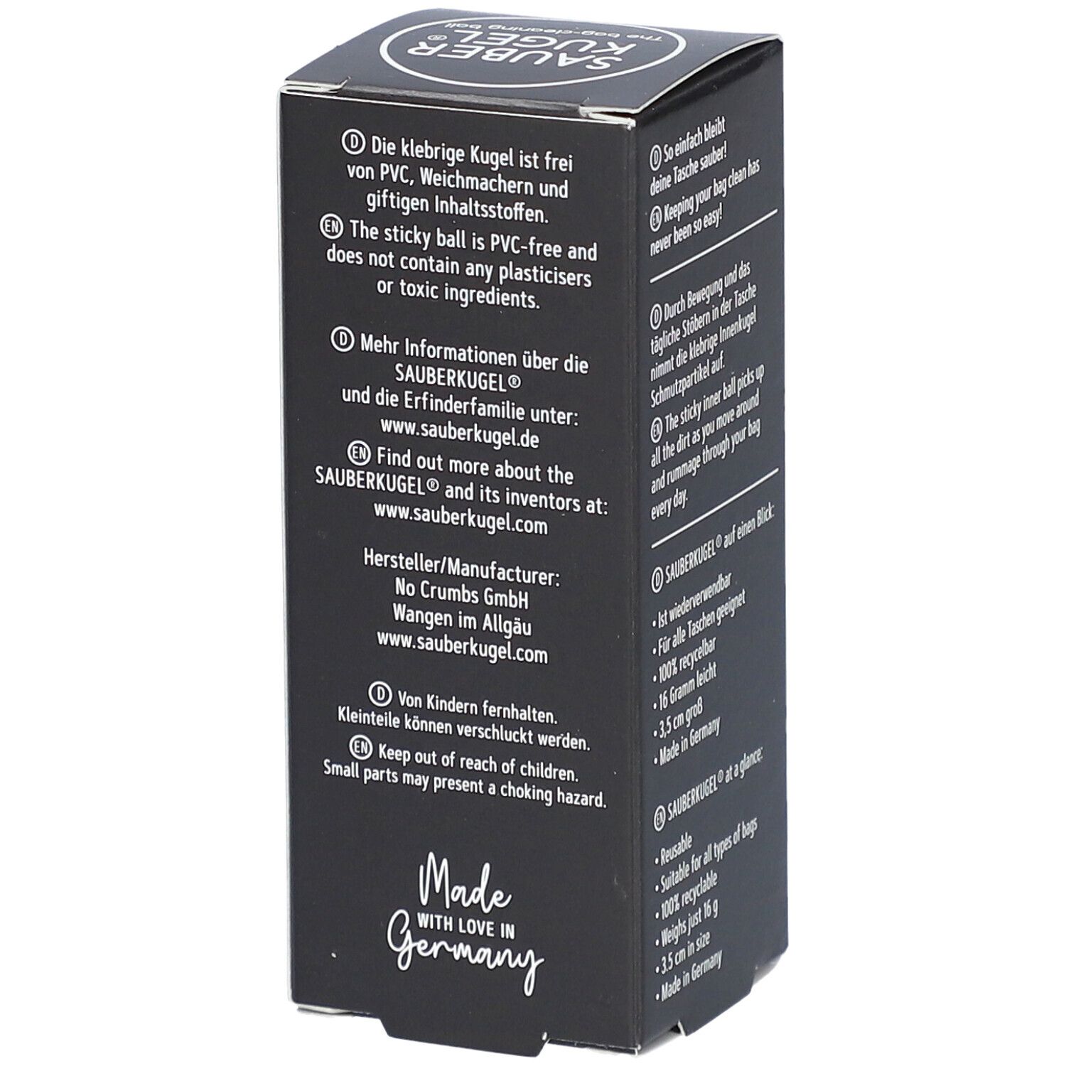Schwarze Verpackung mit Text. SAUBERKUGEL-Logo. Text: Informationen über die SAUBERKUGEL und Hersteller.