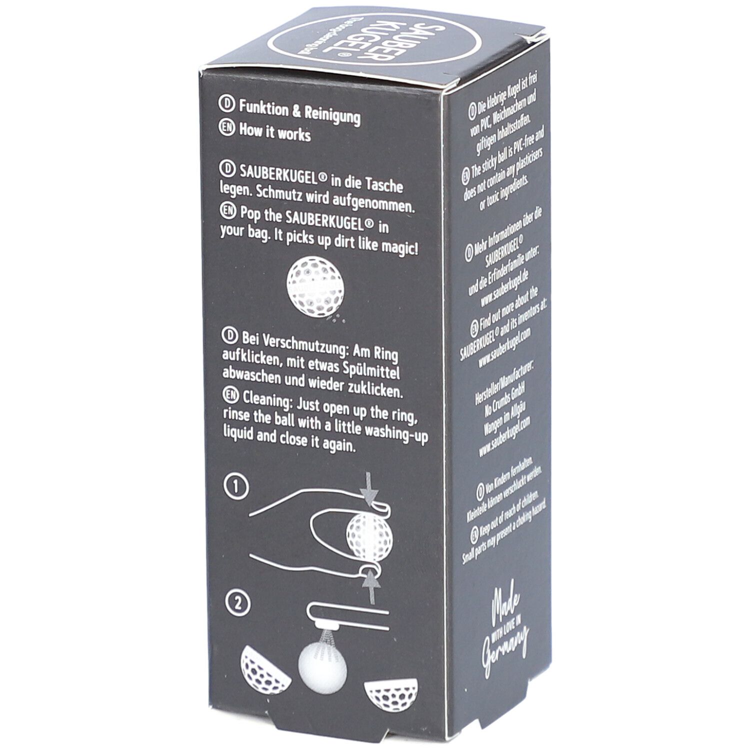 Schwarze Verpackung. SAUBERKUGEL-Logo. Text: Funktionsweise und Reinigung. Illustrationen.
