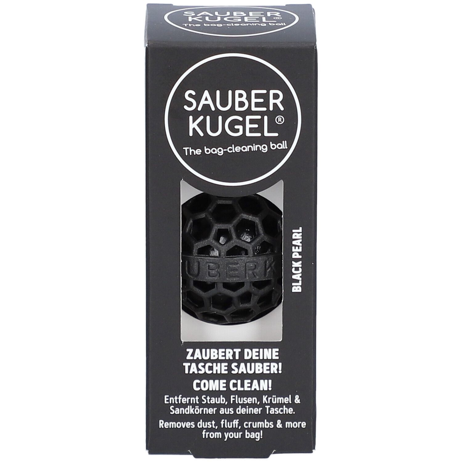 Schwarze Verpackung. SAUBERKUGEL-Logo und Produktname. Schwarze Kugel sichtbar. Text: "ZAUBERT DEINE TASCHE SAUBER!"