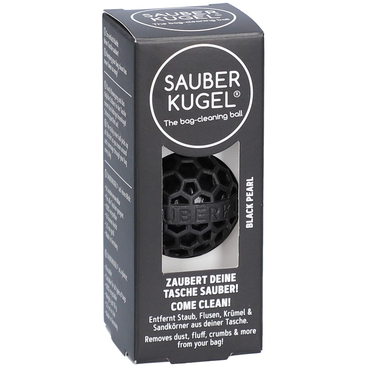 Schwarze Verpackung. SAUBERKUGEL-Logo und Produktname. Schwarze Kugel sichtbar. Text: "ZAUBERT DEINE TASCHE SAUBER!"