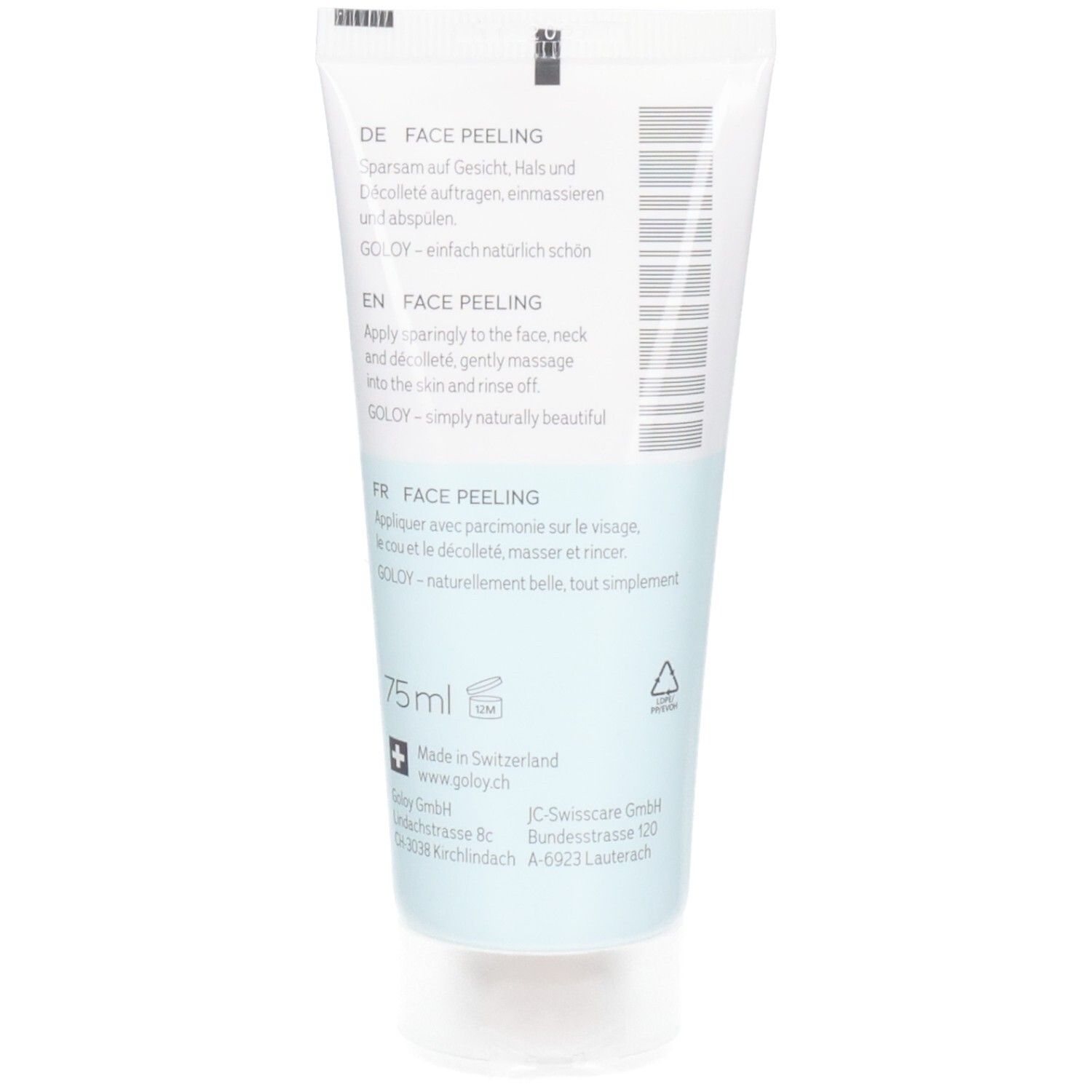 Rückseite einer GOLOY Face Peeling Tube mit Anwendungshinweisen und Produktinformationen.