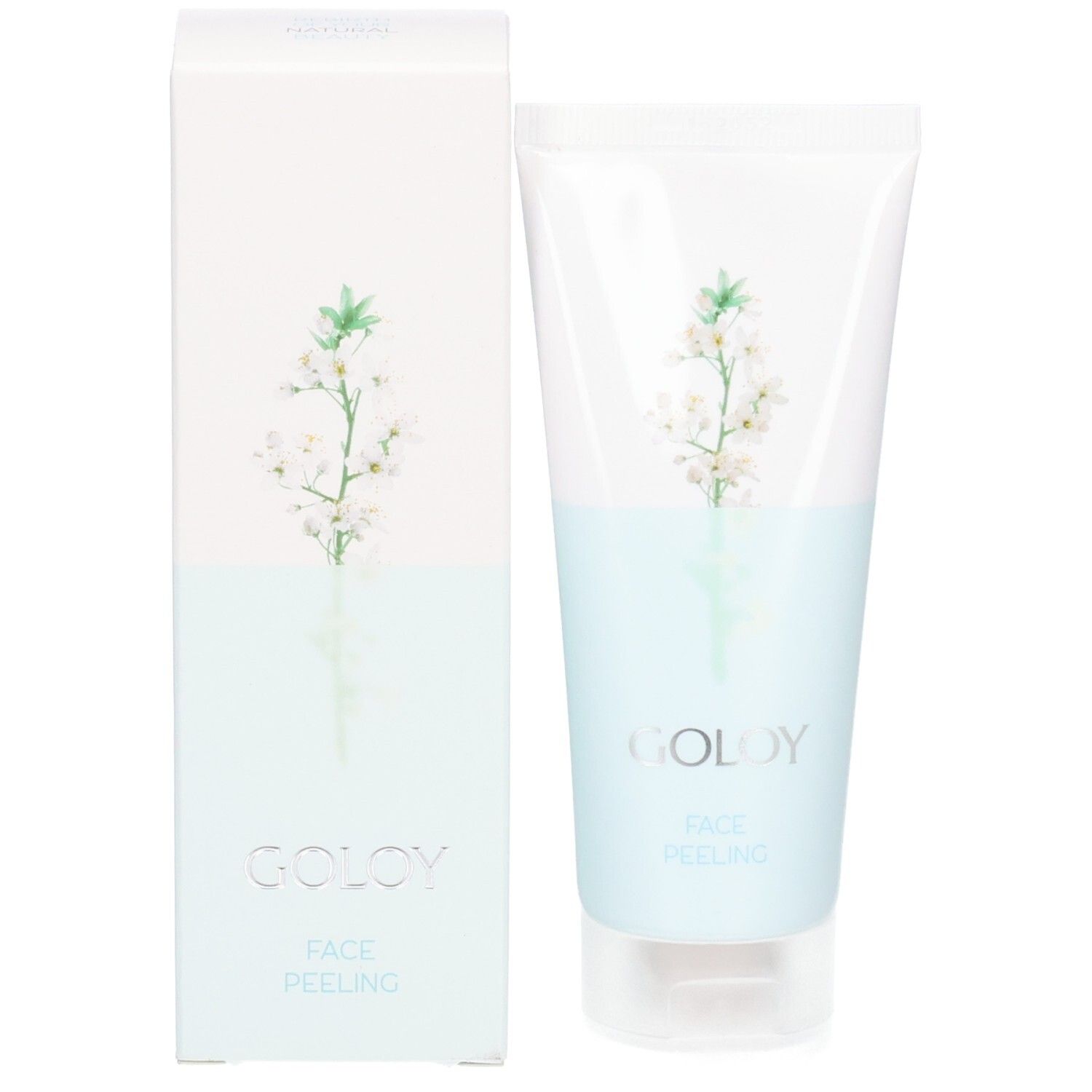 GOLOY Face Peeling Tube und Verpackungsbox mit Blumenmotiv.