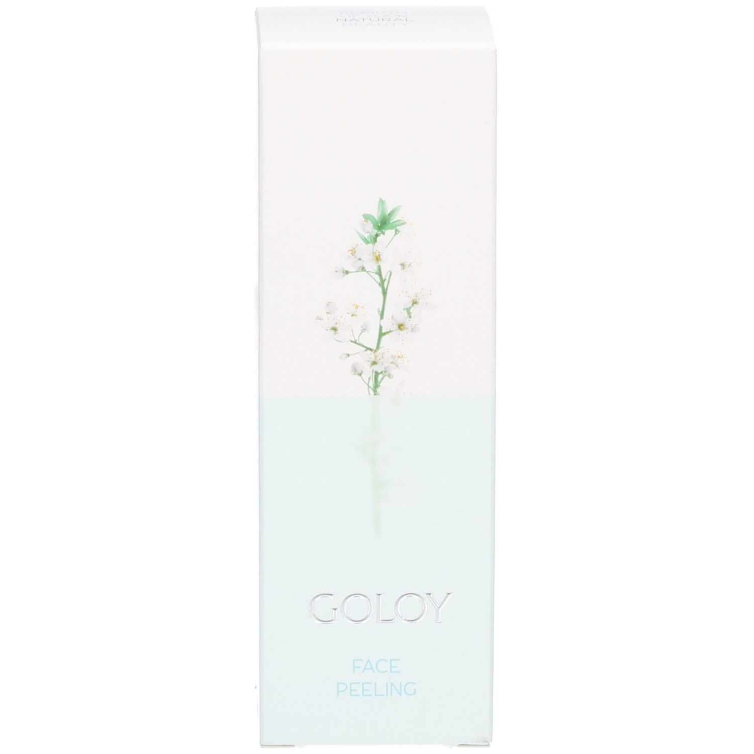 Verpackungsbox für GOLOY Face Peeling mit Blumenmotiv und blauem Farbverlauf.