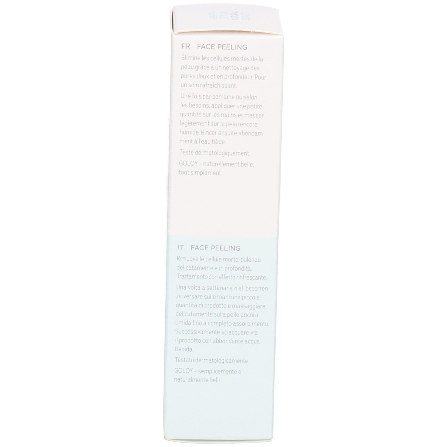 Seite einer GOLOY Face Peeling Box mit Anwendungshinweisen in Französisch und Italienisch.