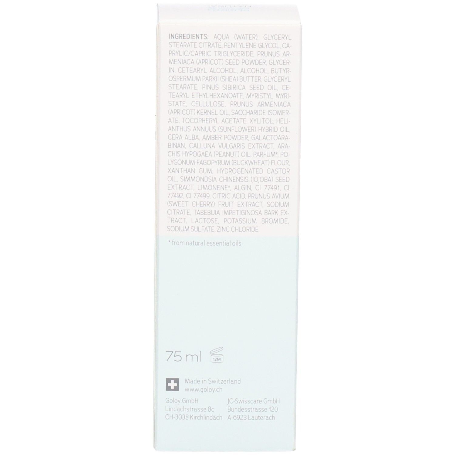Seite einer GOLOY Face Peeling Box mit Inhaltsstoffen und Herkunftsangabe.