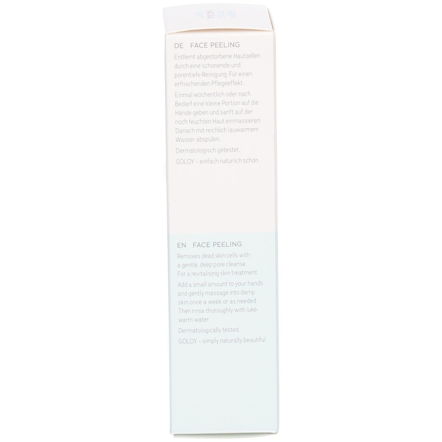 Seite einer GOLOY Face Peeling Box mit Anwendungshinweisen in Deutsch und Englisch.
