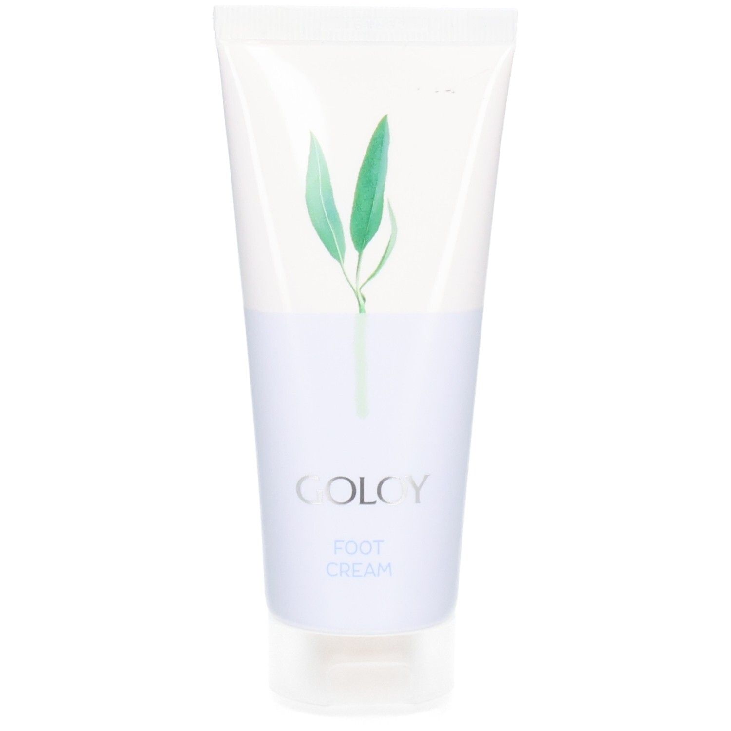 GOLOY Fußcreme Tube mit Blattmotiv. Transparente Tube mit weißem und hellblauem Design.
