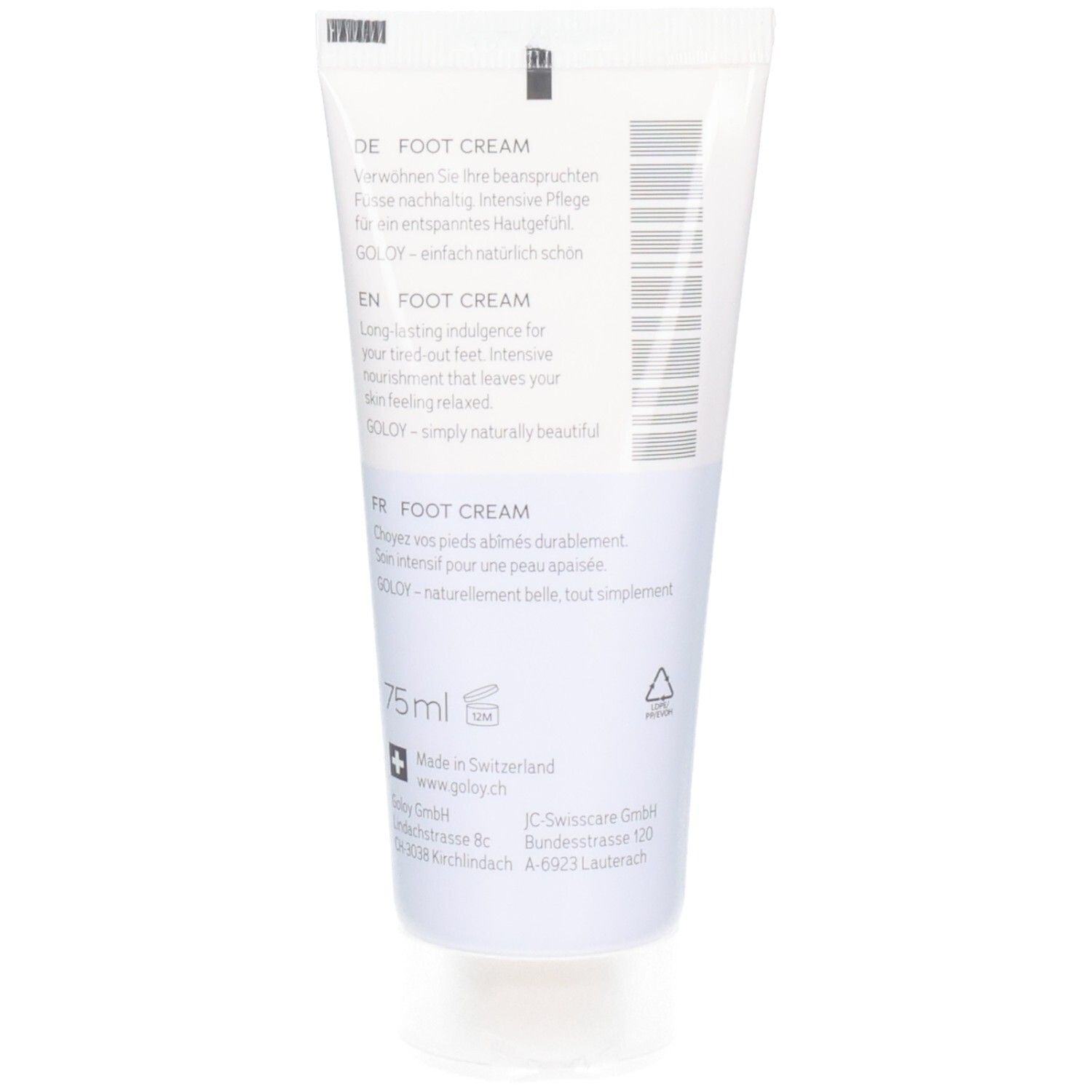 Rückseite der GOLOY Fußcreme Tube mit mehrsprachigen Produktinformationen und 75ml Angabe.