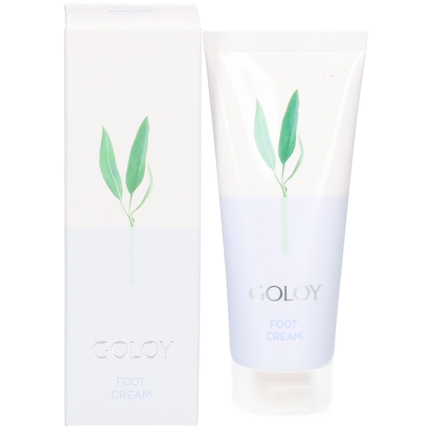 GOLOY Fußcreme Tube und Faltschachtel nebeneinander. Beide mit Blattmotiv und GOLOY Schriftzug.