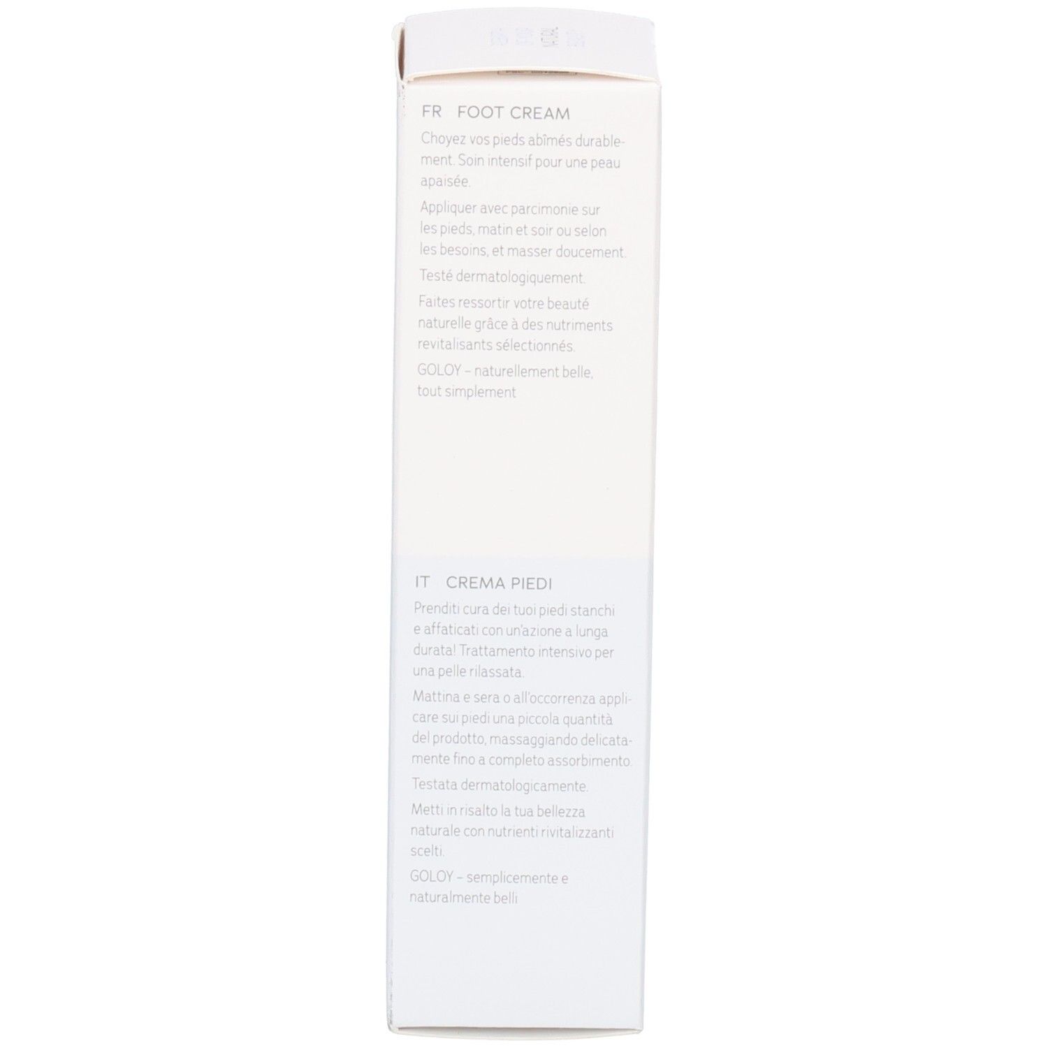 Seite der GOLOY Fußcreme Faltschachtel mit französischen und italienischen Produktinformationen.