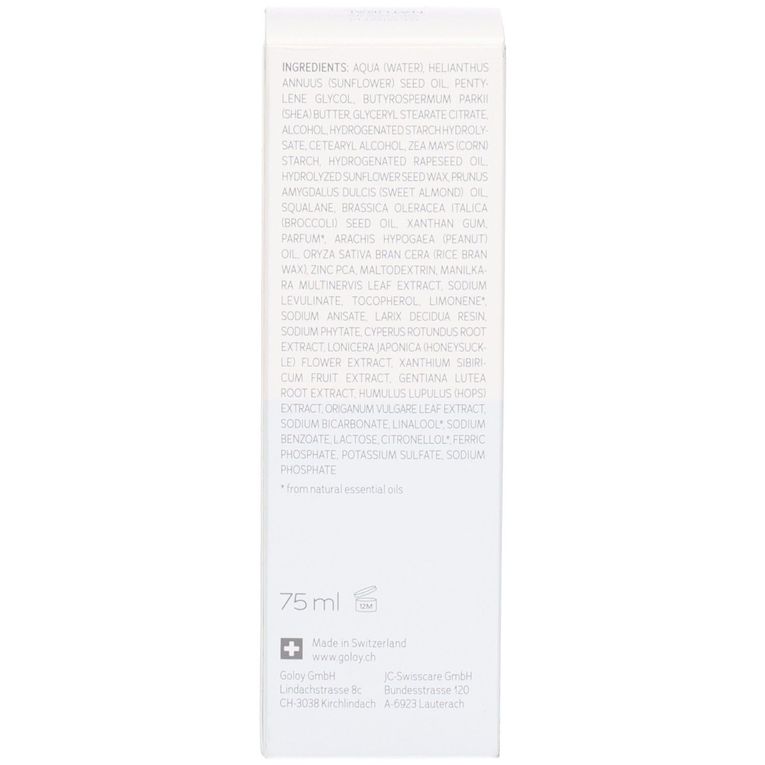 Seite der GOLOY Fußcreme Faltschachtel mit Inhaltsstoffen und 75ml Angabe.