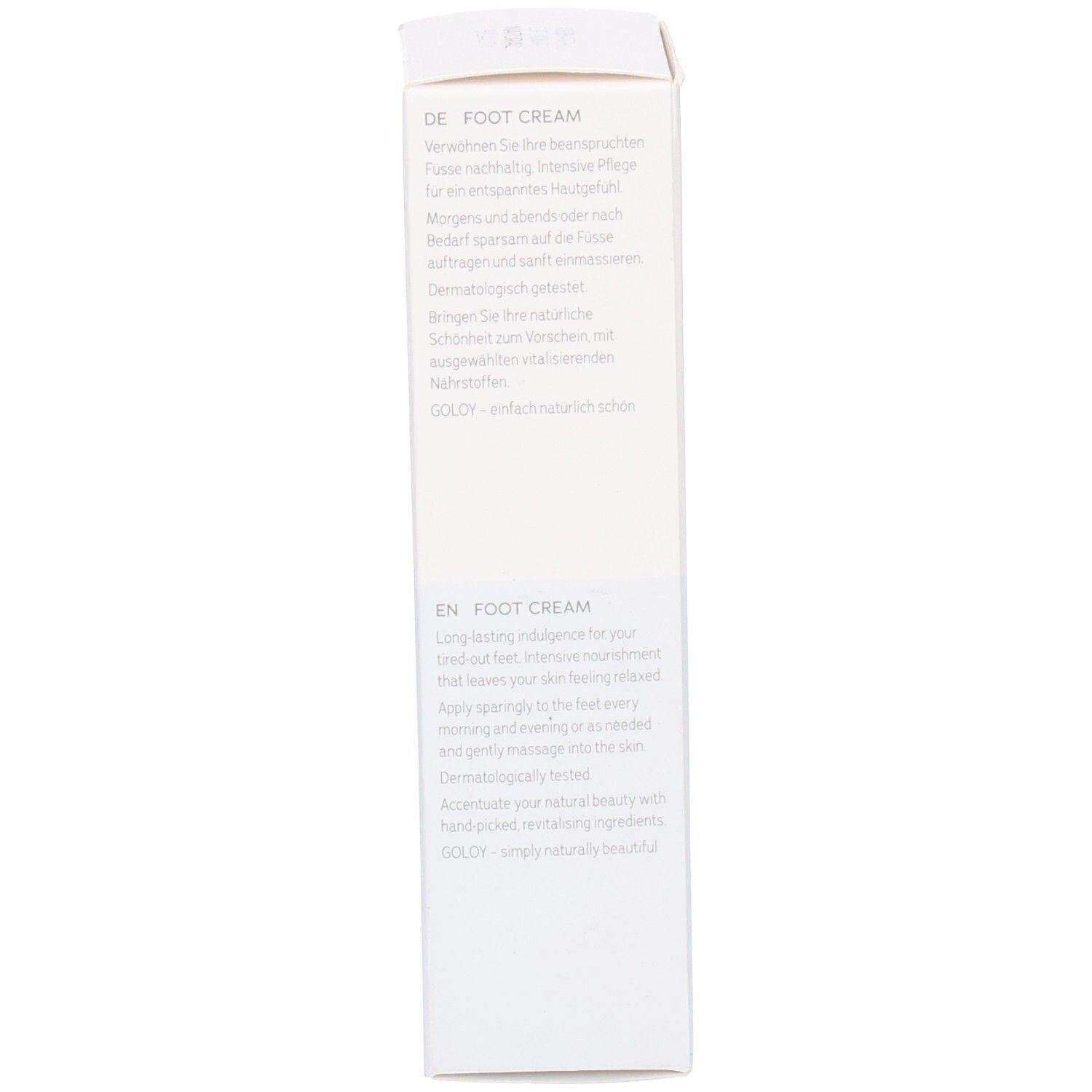 Seite der GOLOY Fußcreme Faltschachtel mit deutschen und englischen Produktinformationen.