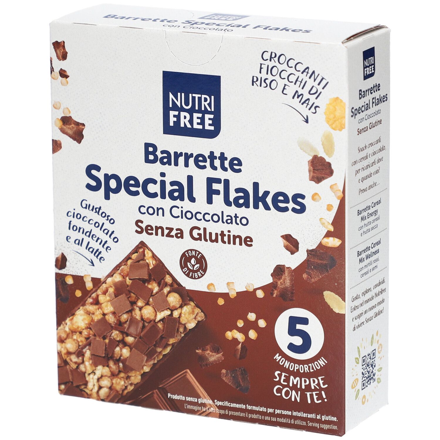 Schachtel mit NUTRIFREE Special Flakes. Aufdrucke: Barrette, Schokolade, glutenfrei, 5 Portionen. Abbildung eines Riegels.