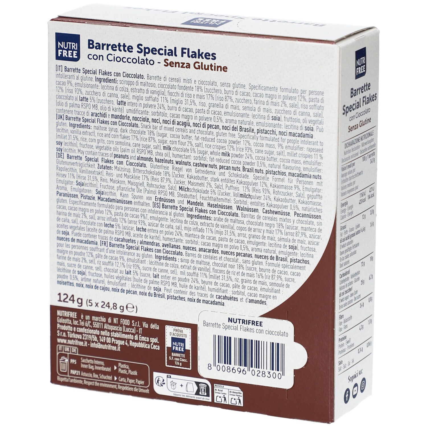 Rückseite der Schachtel mit NUTRIFREE Special Flakes. Zutatenliste und Nährwertangaben. Text in mehreren Sprachen.