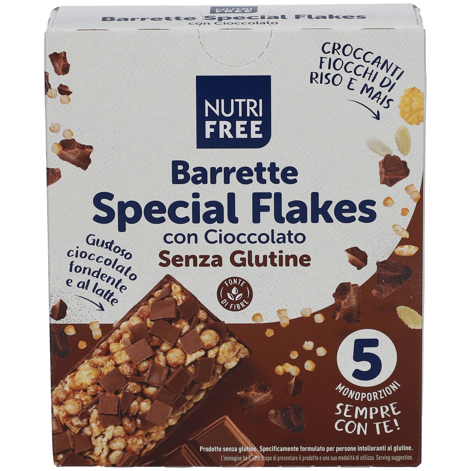 Schachtel mit NUTRIFREE Special Flakes. Aufdrucke: Barrette, Schokolade, glutenfrei, 5 Portionen. Abbildung eines Riegels.