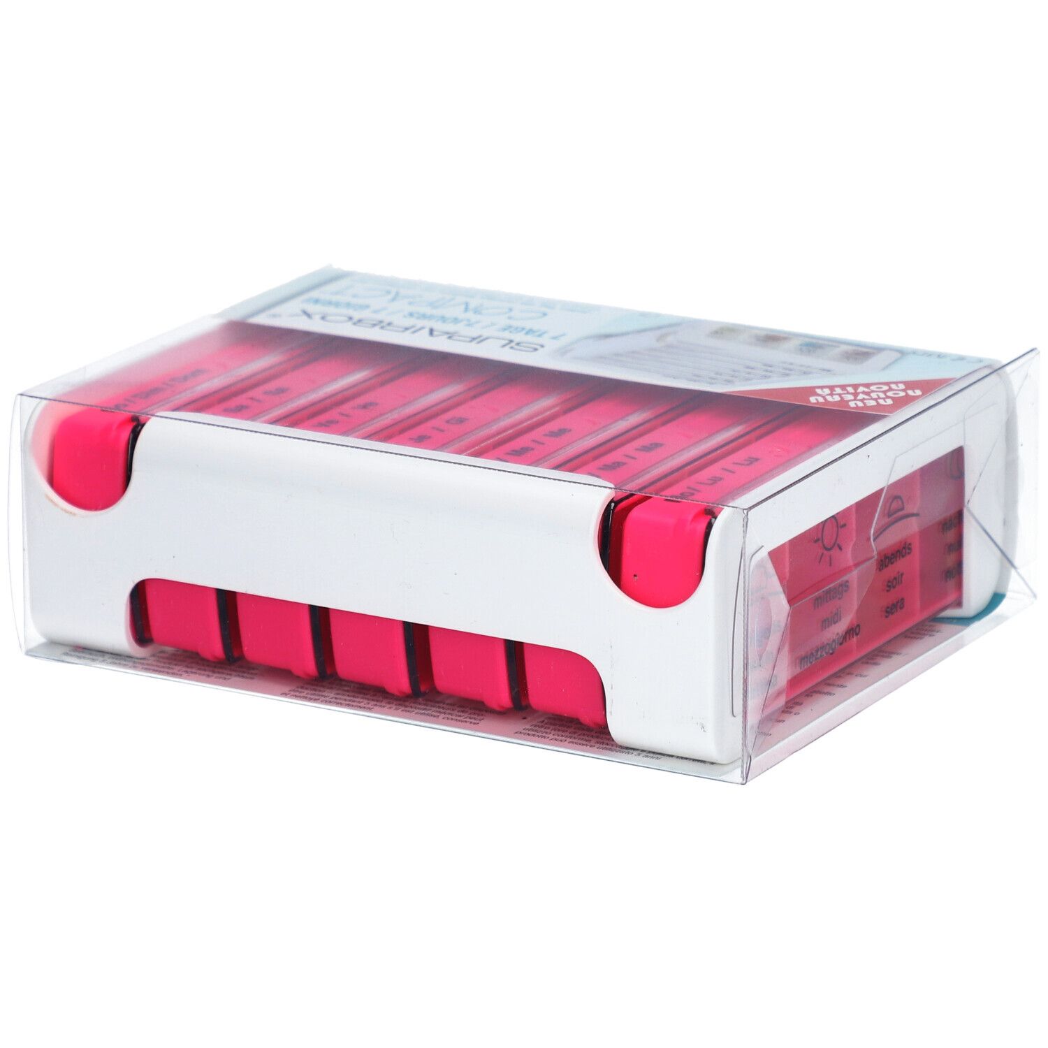 Rosa SUPERBOX Semainier, Wochen-Dosierer für Medikamente, in Verpackung. Transparente Verpackung. Rosa Fächer sichtbar.