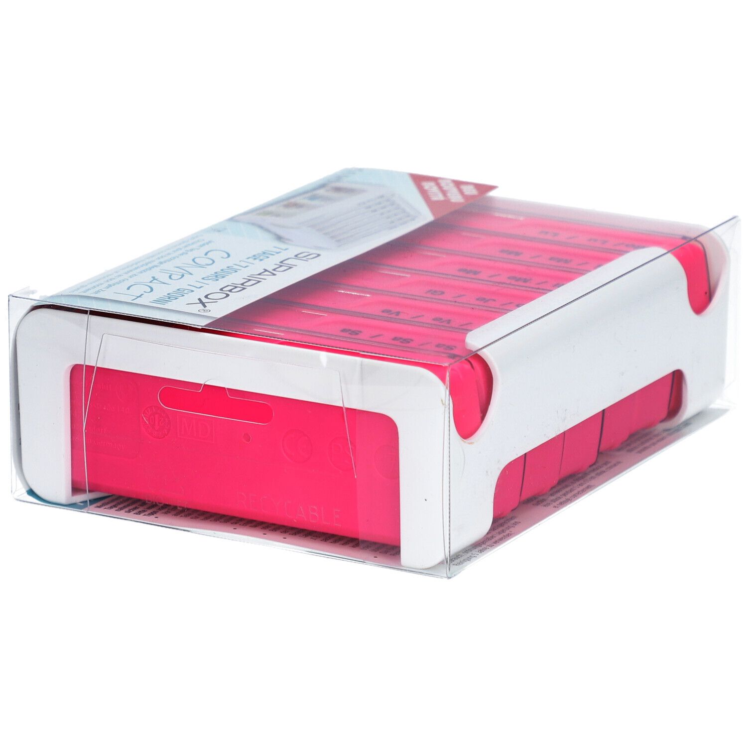 Rosa SUPERBOX Semainier, Wochen-Dosierer für Medikamente, in Verpackung. Rosa und weiß. Transparente Verpackung.