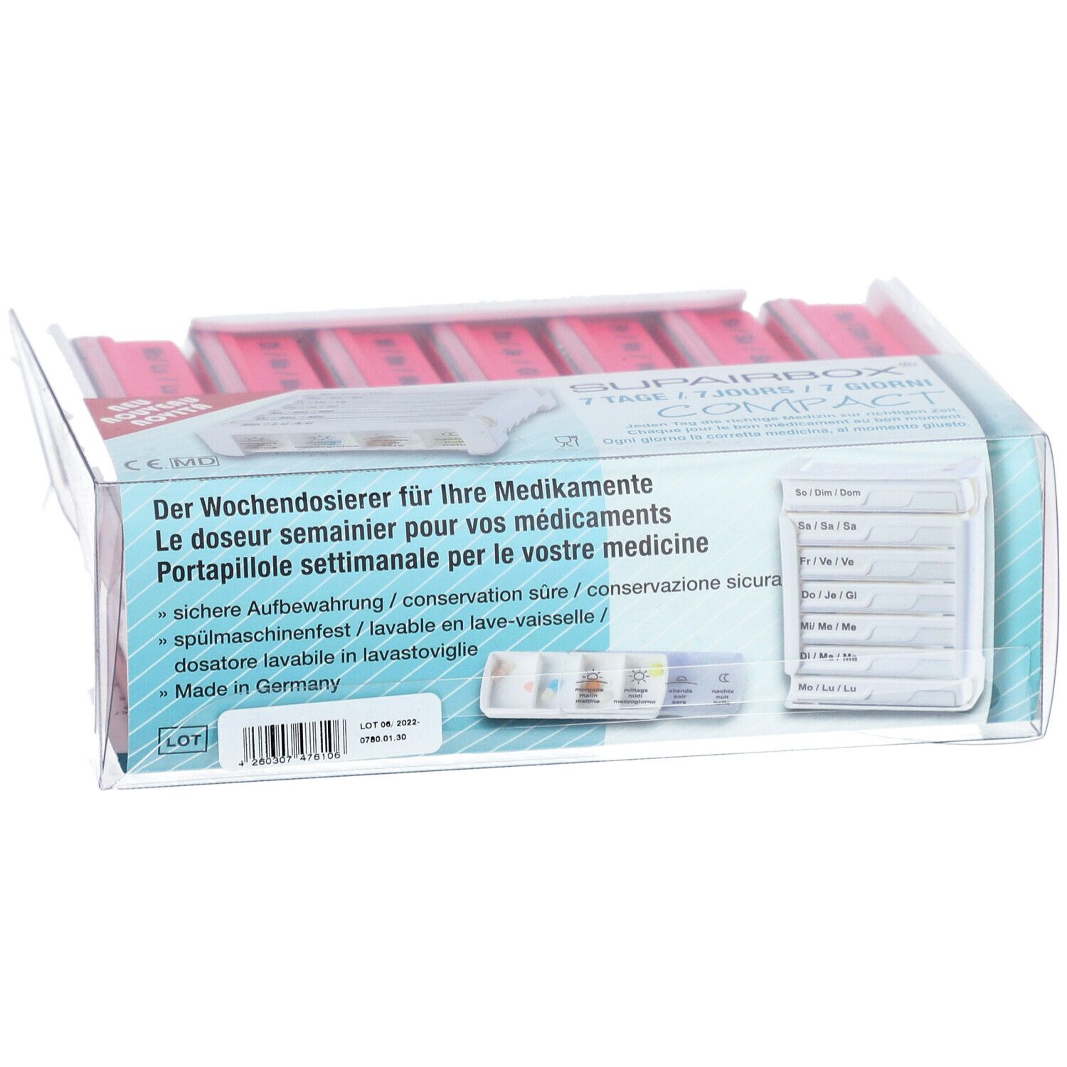 SUPERBOX Semainier, Wochen-Dosierer für Medikamente, in Verpackung. Rosa Fächer, transparente Verpackung. Text auf Verpackung.