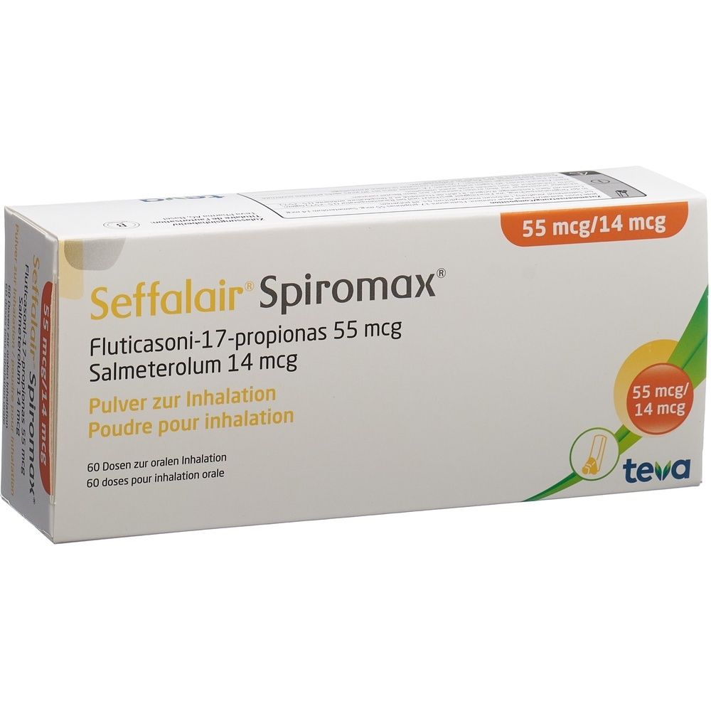 Kartonverpackung mit Produktnamen und orangefarbenem Akzent. Text: SEFFALAIR SPIROMAX Inh Plv 55/14 mcg 60 Dos.