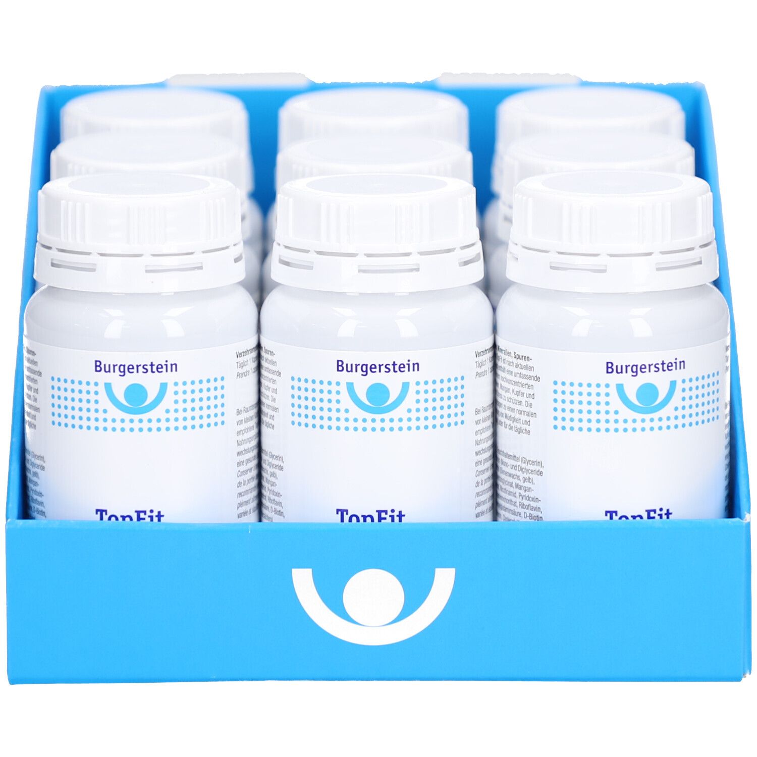 Blaues Tablett mit 9 weißen Flaschen. Auf jeder Flasche steht Burgerstein TopFit. Deckel und Flaschen sind weiß.