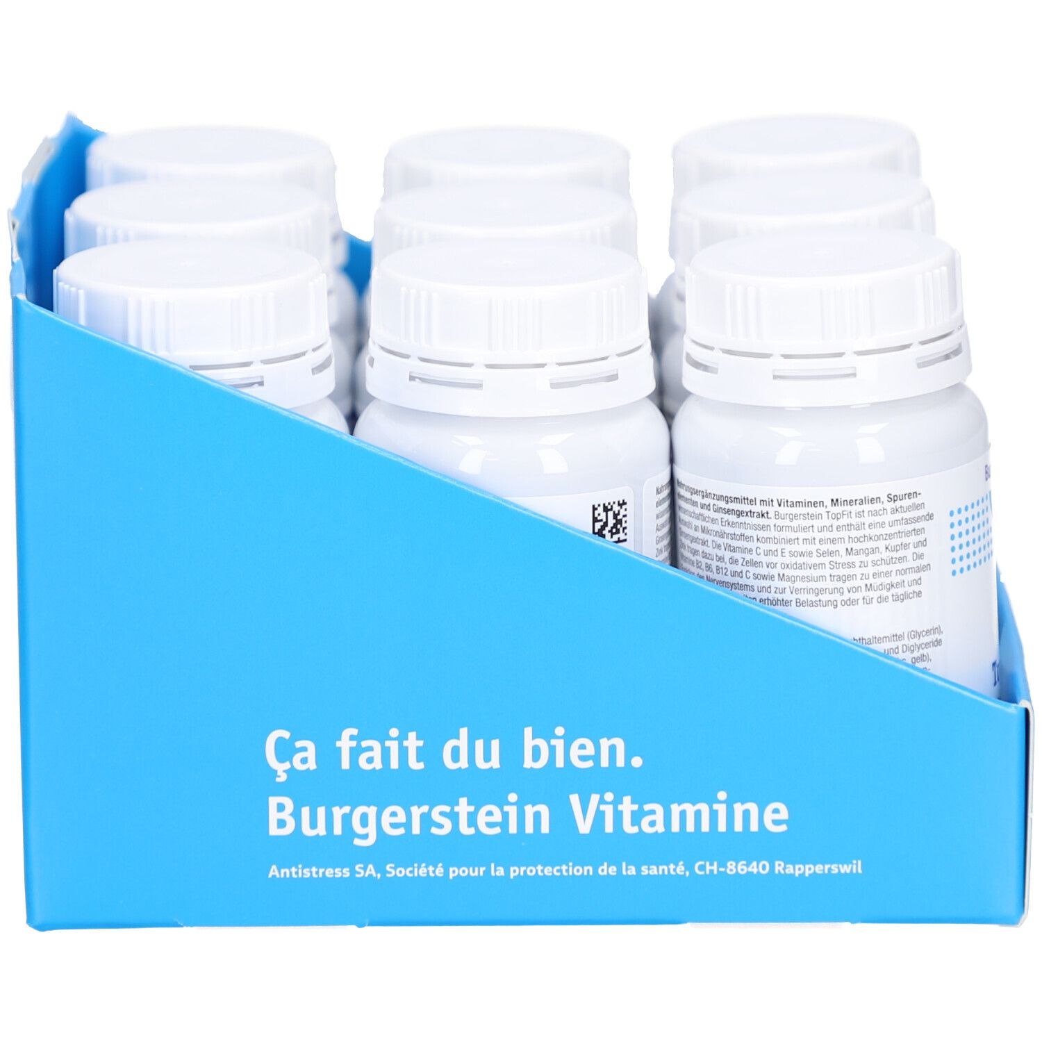 Blaues Tablett mit Flaschen. Auf der Rückseite steht Burgerstein Vitamine. Text in Deutsch und Französisch.