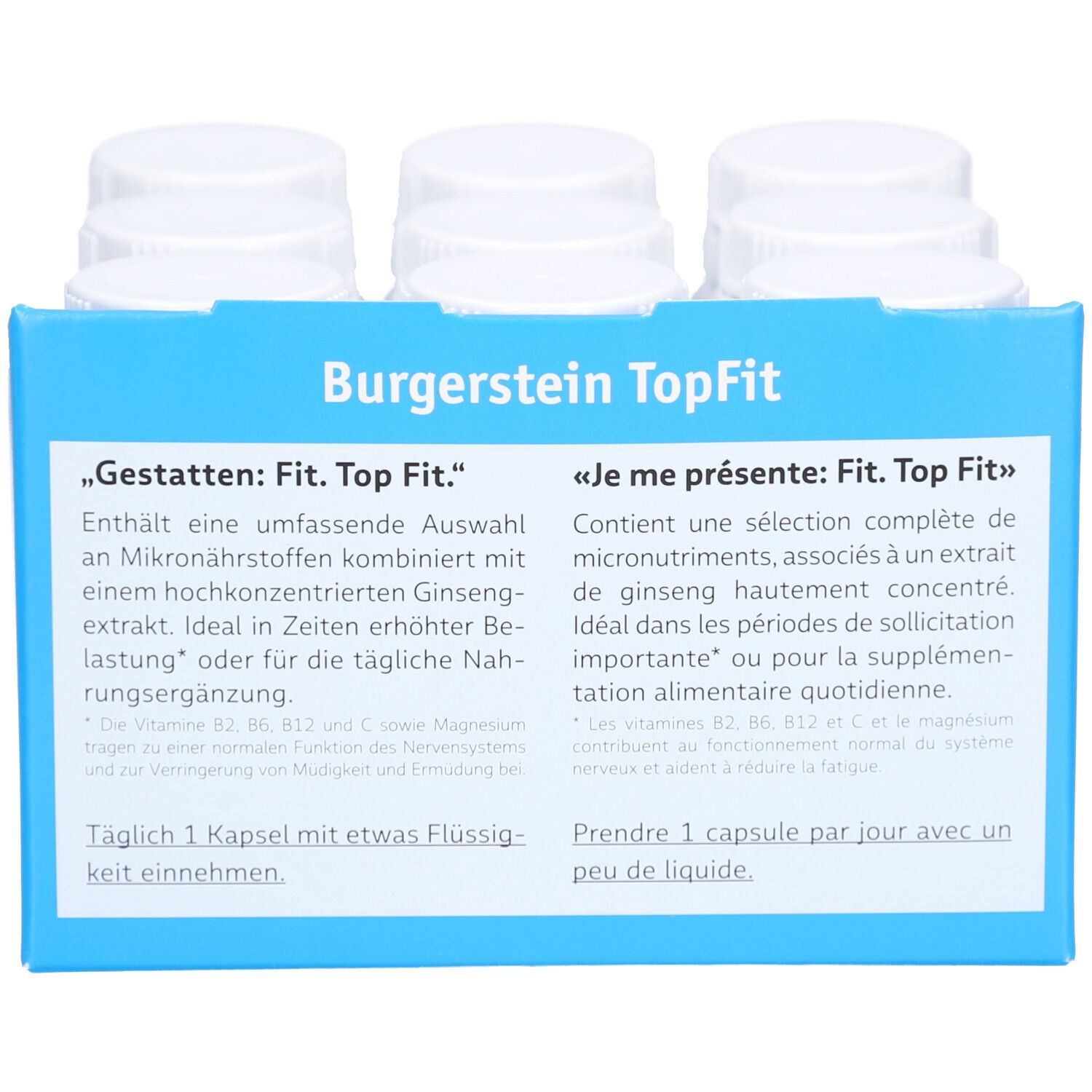 Rückseite des blauen Tabletts mit Text. Burgerstein TopFit. Text in Deutsch und Französisch. Einnahmeempfehlung.