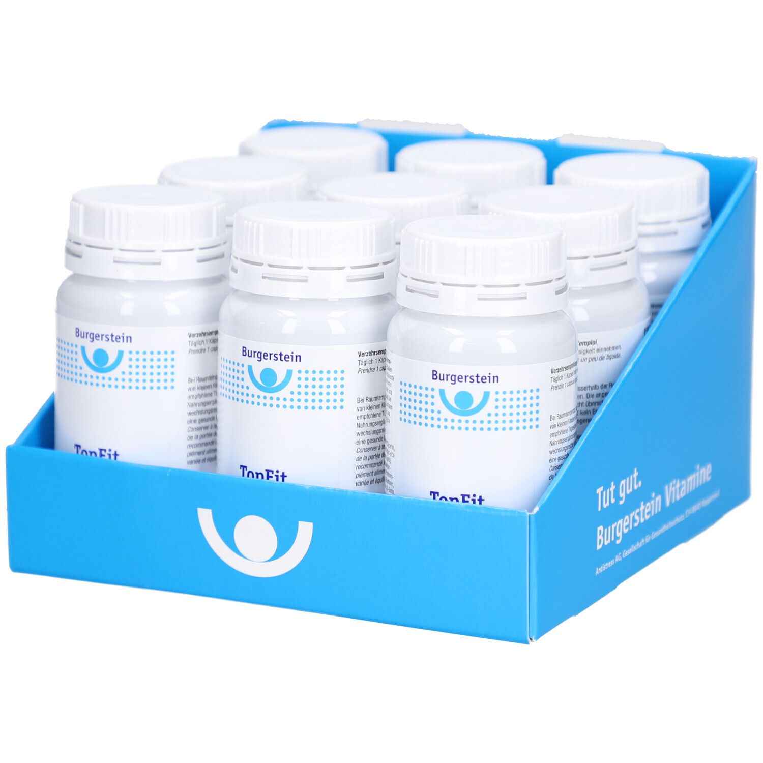 Blaues Tablett mit 9 weißen Flaschen. Auf jeder Flasche steht Burgerstein TopFit. Deckel und Flaschen sind weiß.