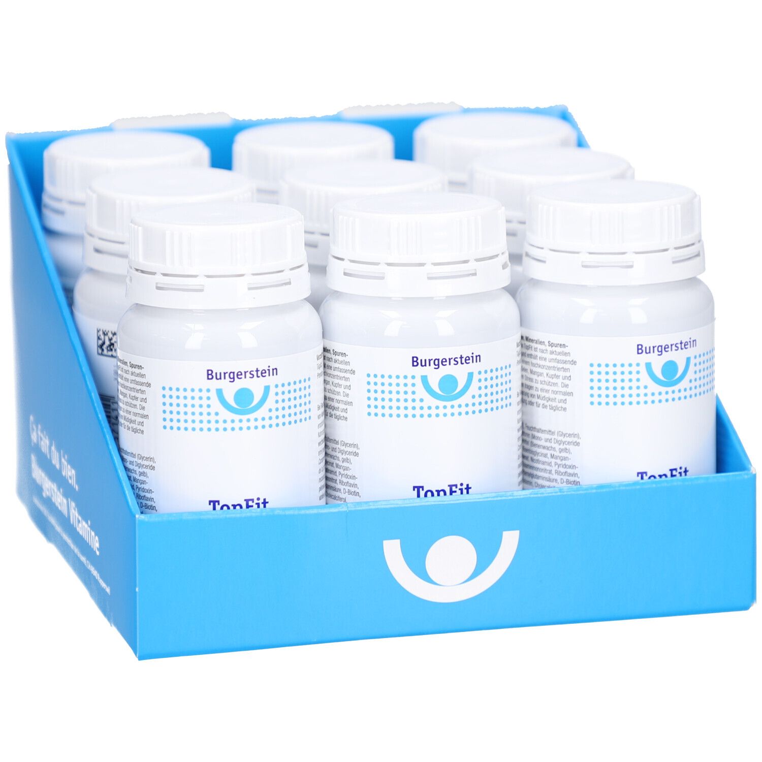 Blaues Tablett mit 9 weißen Flaschen. Auf jeder Flasche steht Burgerstein TopFit. Deckel und Flaschen sind weiß.