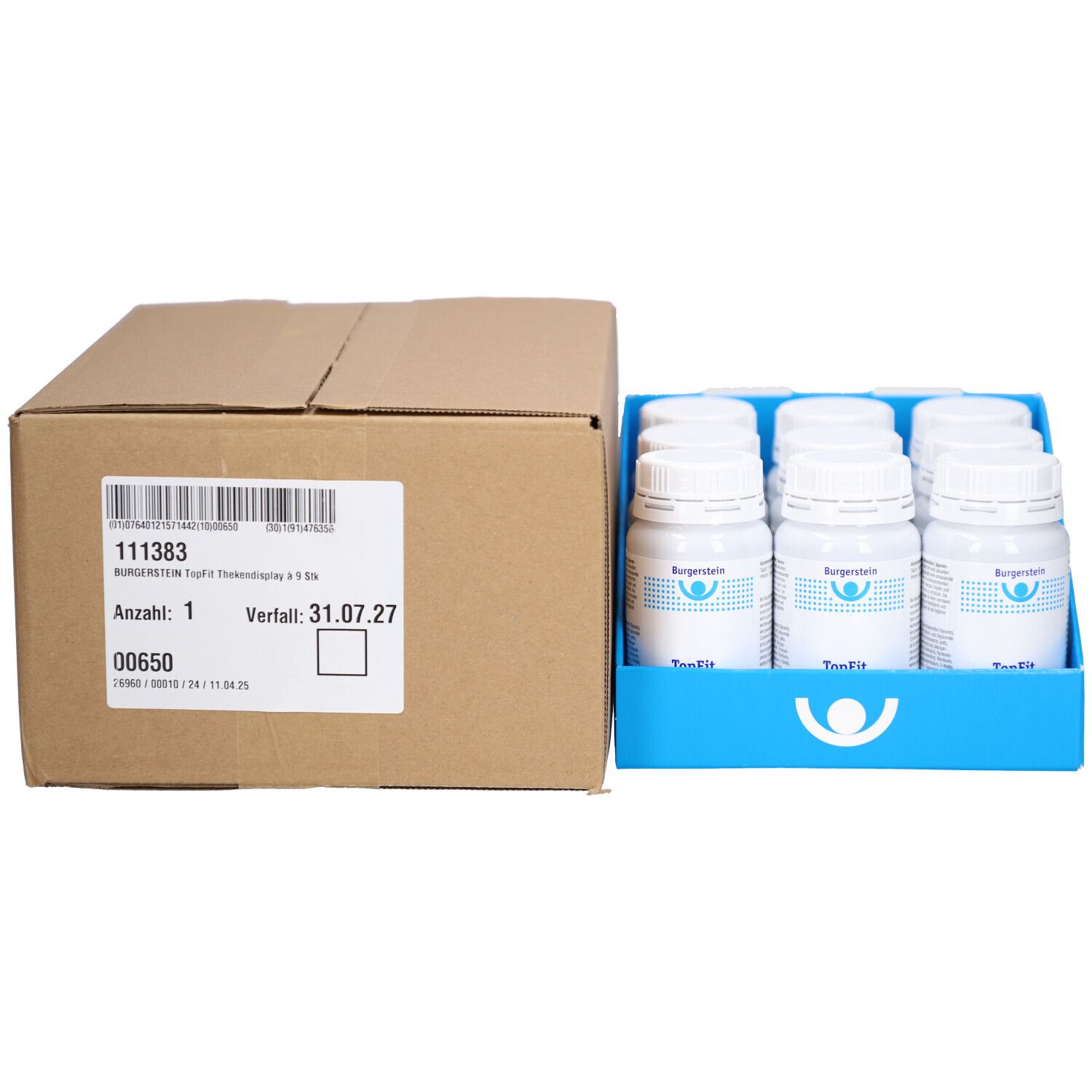 Brauner Karton mit weißem Etikett. Daneben ein blaues Tablett mit Flaschen. Burgerstein TopFit.