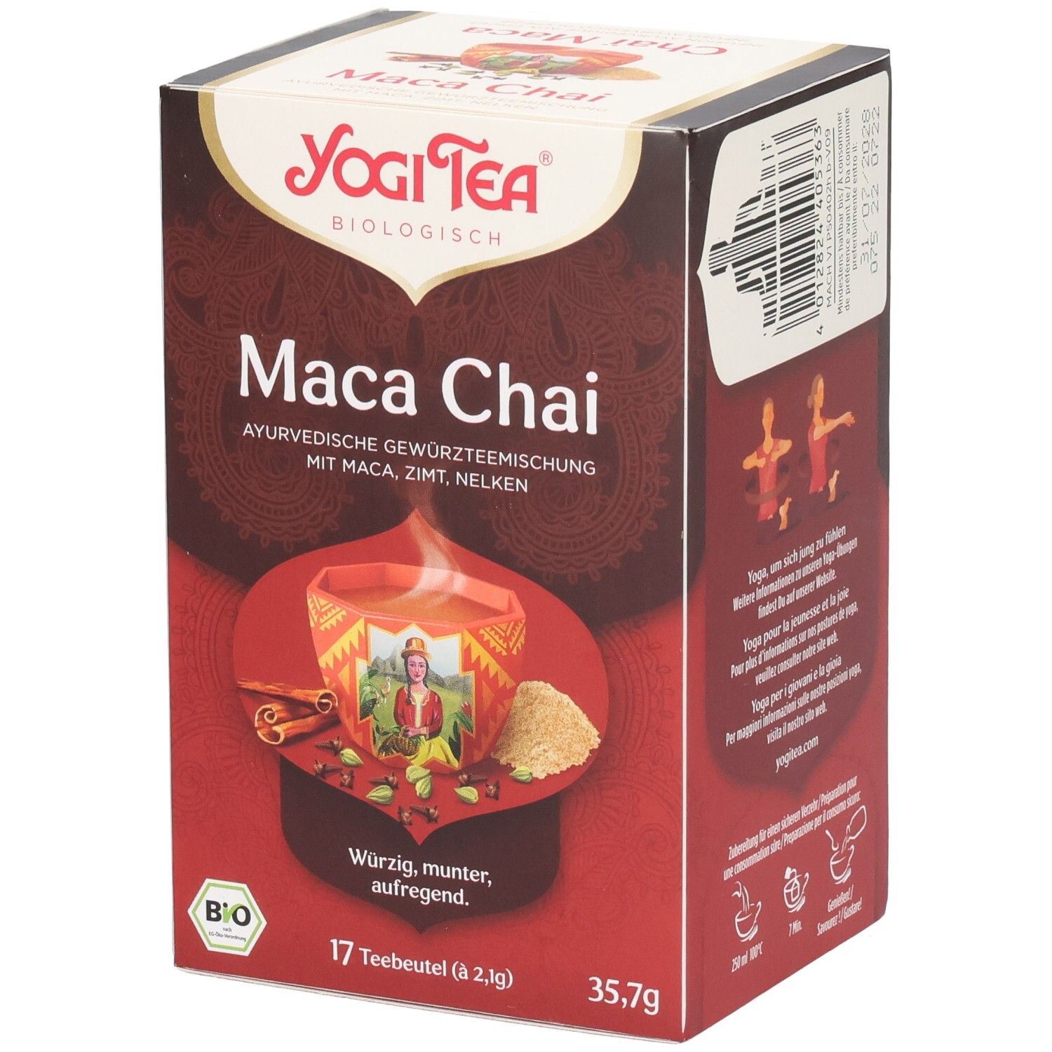Karton von Yogi Tea Maca Chai. Vorderseite mit Produktname, Abbildung einer Tasse Tee, Zutaten und Bio-Siegel. 17 Teebeutel.