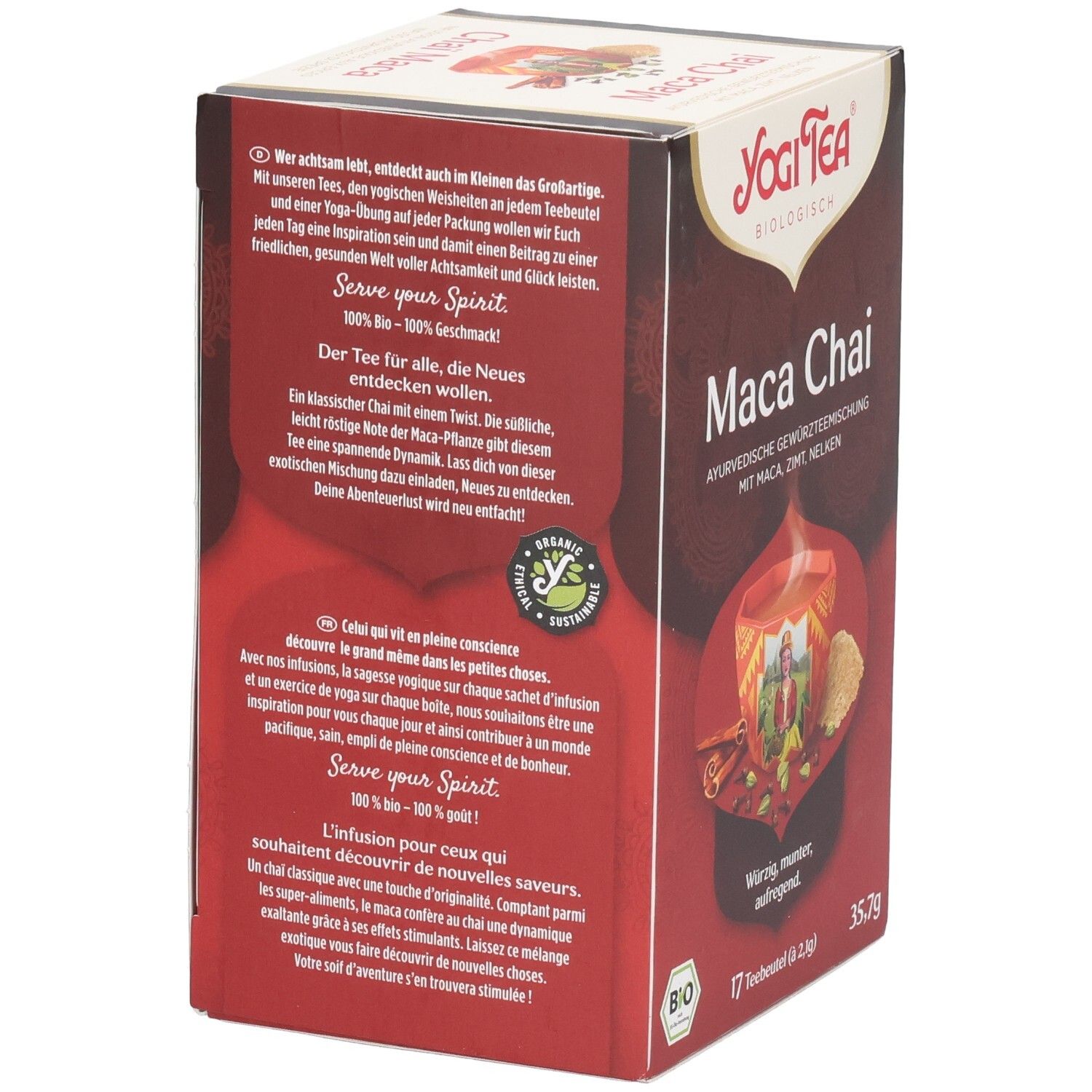 Rückseite der Yogi Tea Maca Chai Verpackung. Text in Deutsch, Französisch und Englisch. Enthält das Bio-Siegel und Informationen zum Produkt.