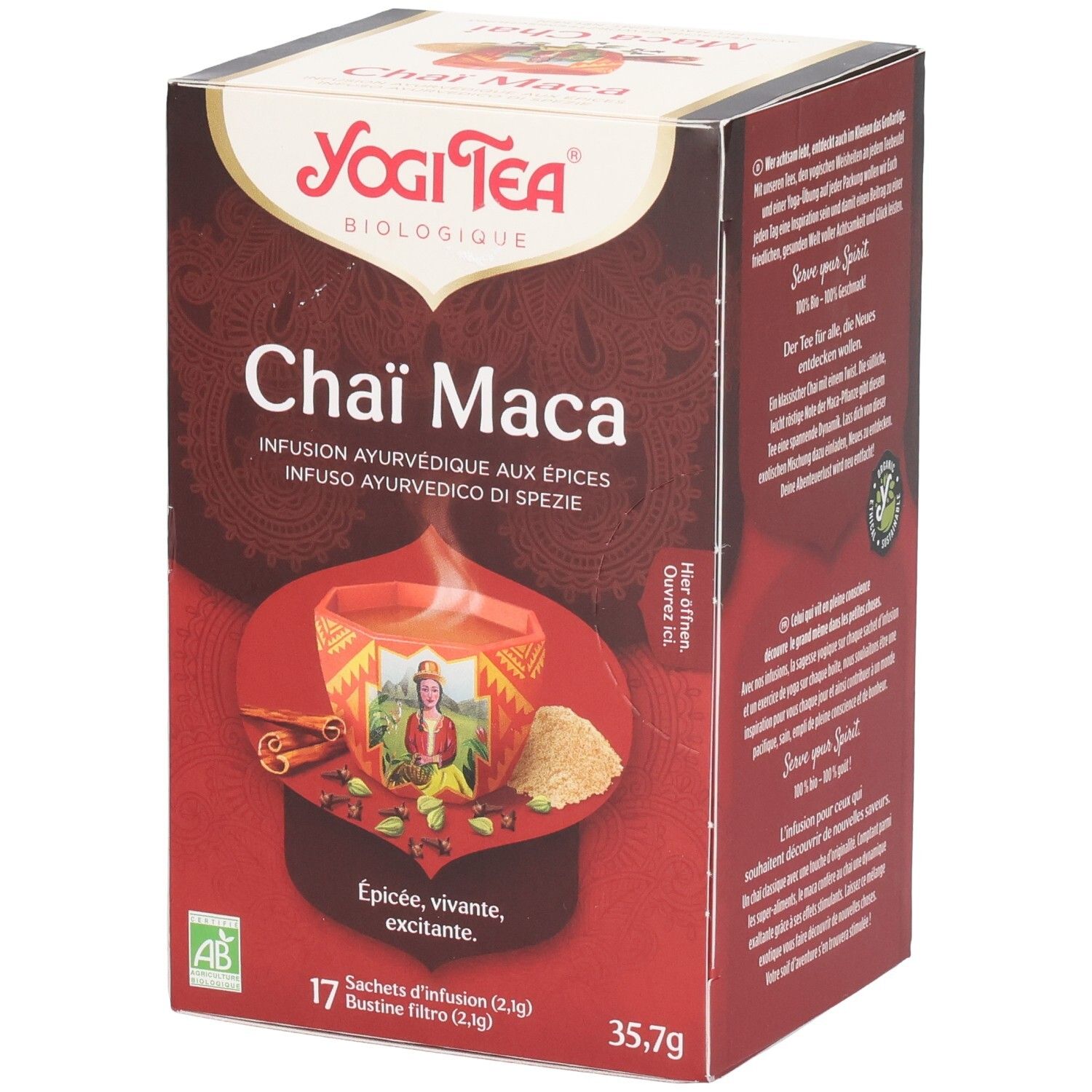 Yogi Tea Chai Maca Verpackung. Vorderseite mit Produktname, Abbildung einer Tasse Tee, Zutaten und AB-Siegel. 17 Teebeutel.