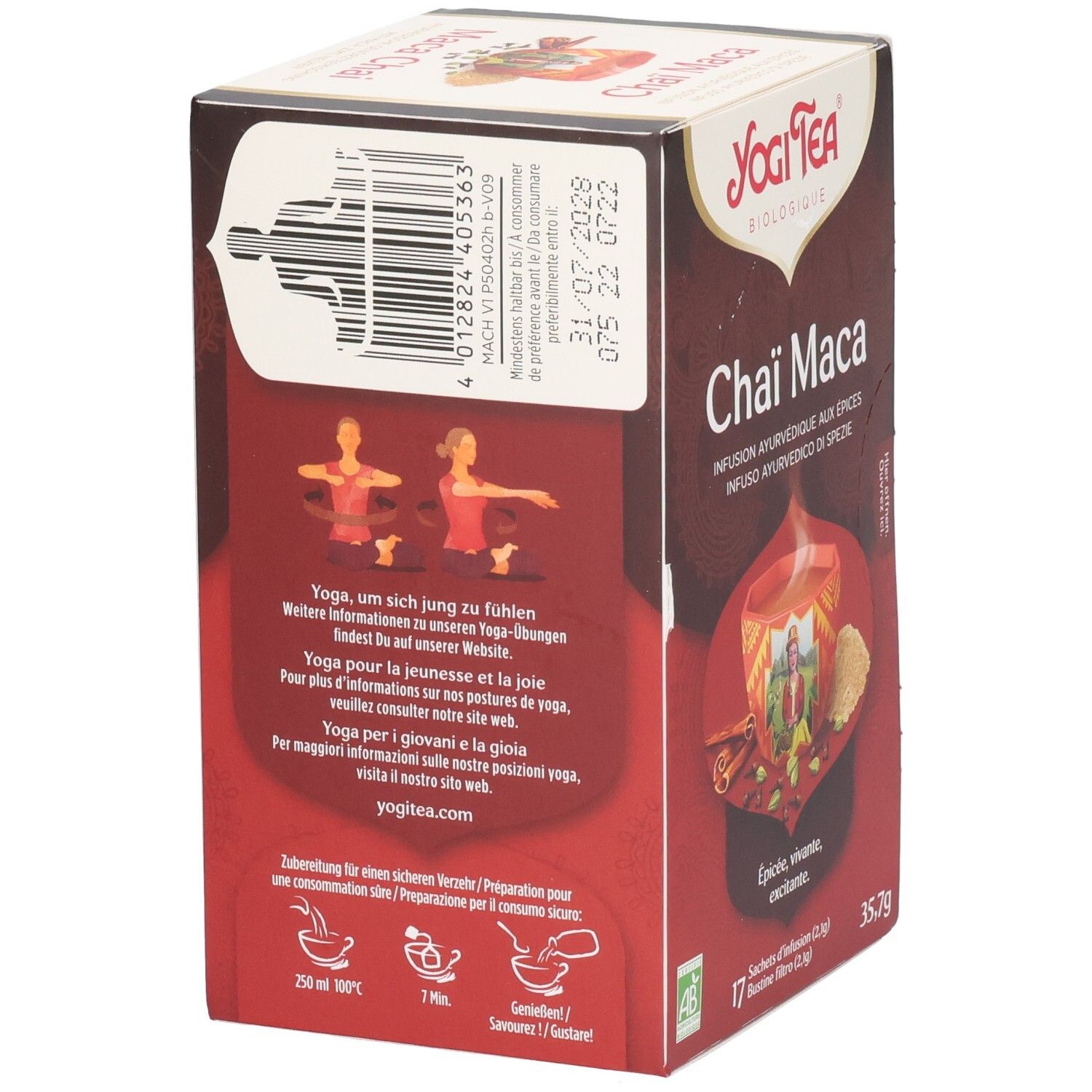 Rückseite der Yogi Tea Chai Maca Verpackung. Barcode, Haltbarkeitsdatum und Informationen zur Zubereitung. 17 Teebeutel.