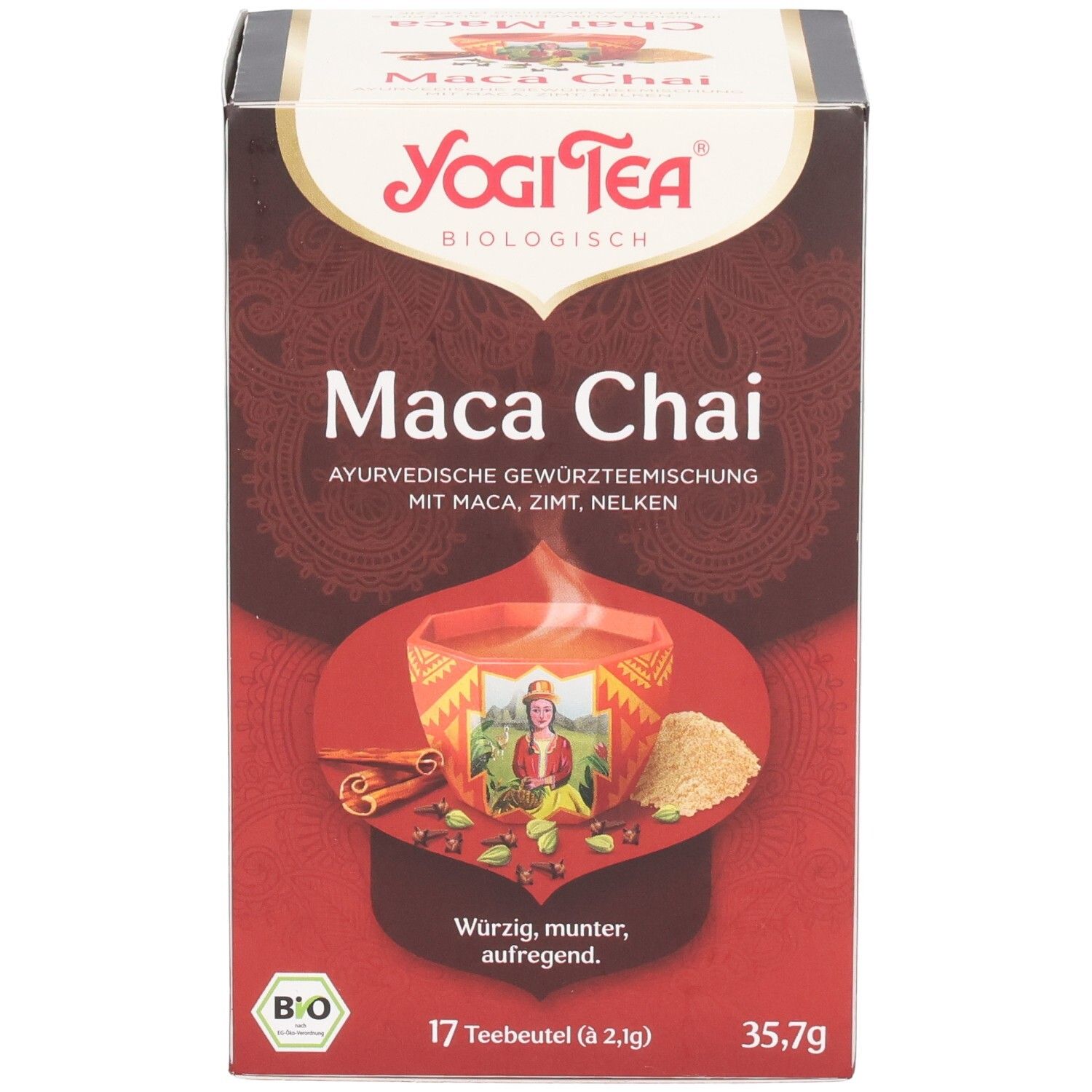 Yogi Tea Maca Chai Verpackung. Vorderseite mit Produktname, Abbildung einer Tasse Tee, Zutaten und Bio-Siegel. 17 Teebeutel.