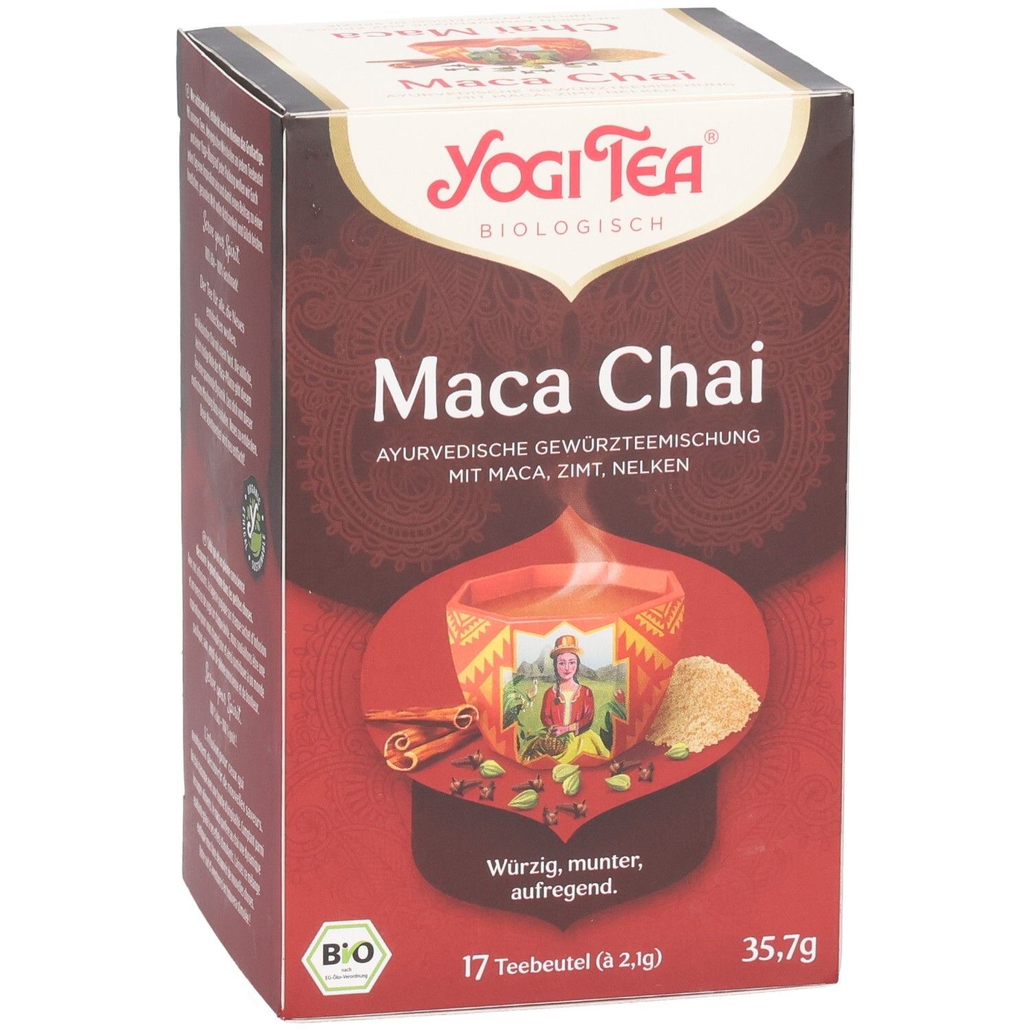 Yogi Tea Maca Chai Verpackung. Vorderseite mit Produktname, Abbildung einer Tasse Tee, Zutaten und Bio-Siegel. 17 Teebeutel.