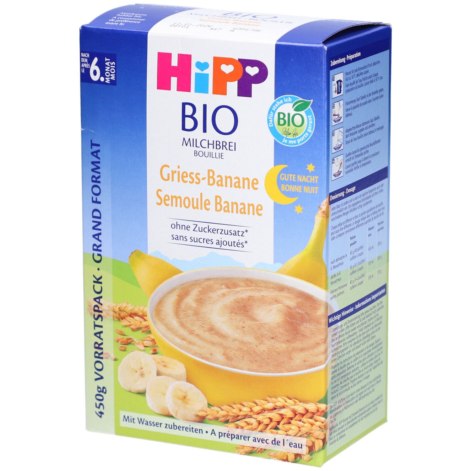 Boîte de HIPP Bio Milchbrei Grieß Banane. Image du produit, logo et texte. Label bio et texte "Ab 6 Monaten".